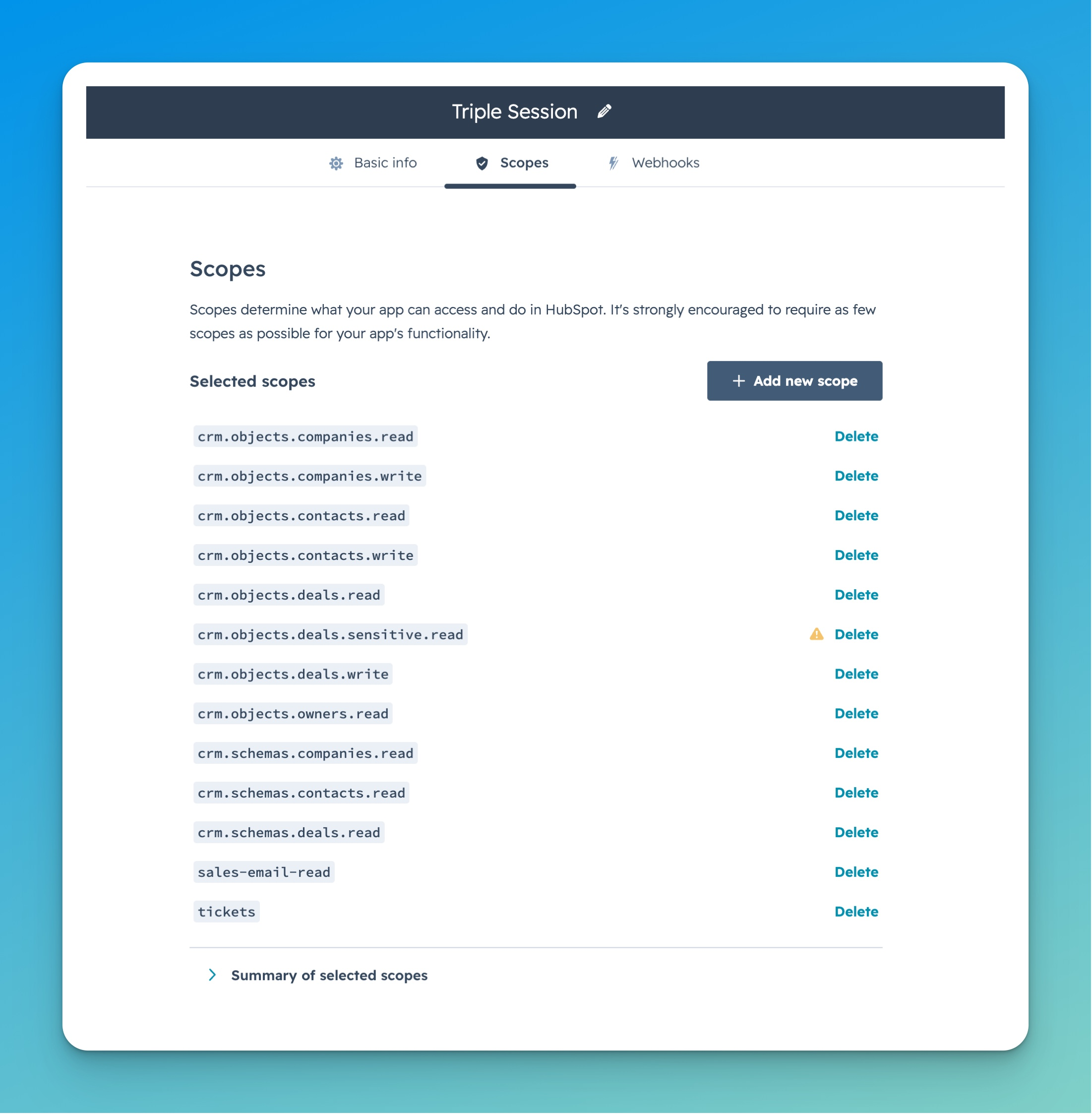HubSpot Scopes — recommended scopes selected