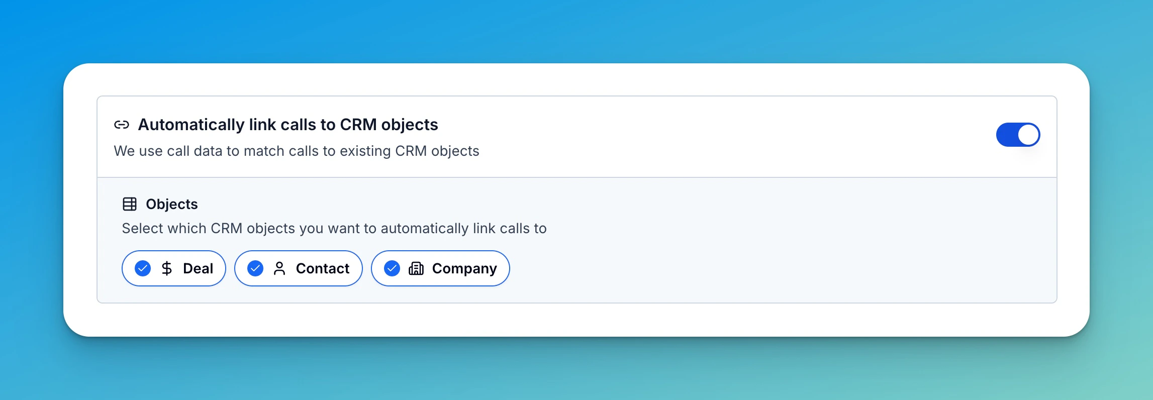 HubSpot CRM settings showing automatic call linking to Deal, Contact, and Company