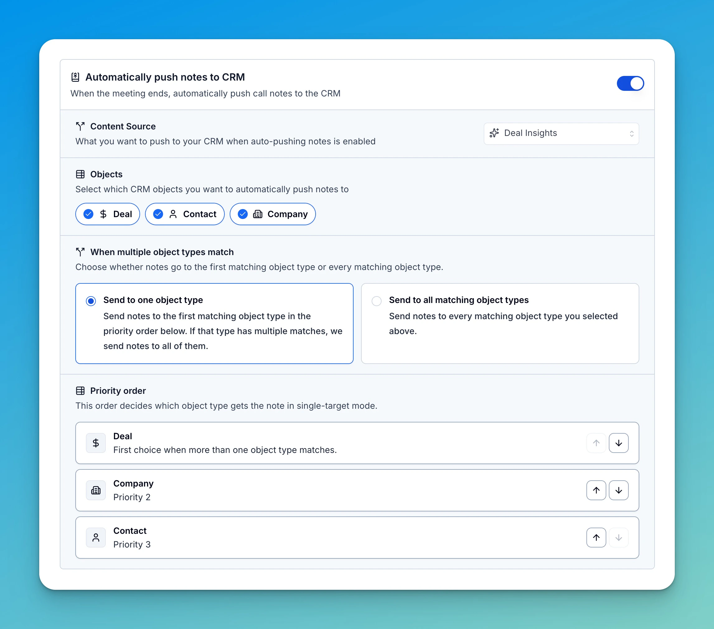 HubSpot CRM note routing — routing mode and priority order