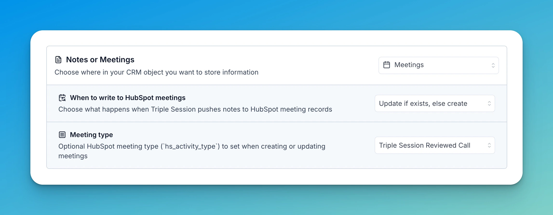 HubSpot CRM settings showing Notes or Meetings destination, meeting write mode, and meeting type