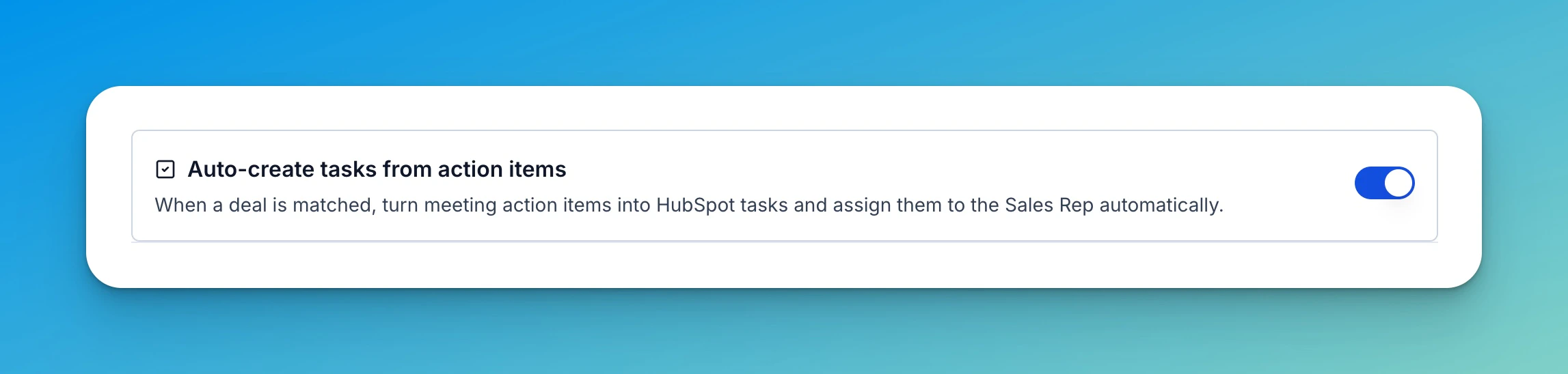 HubSpot CRM settings showing auto-create tasks from action items enabled