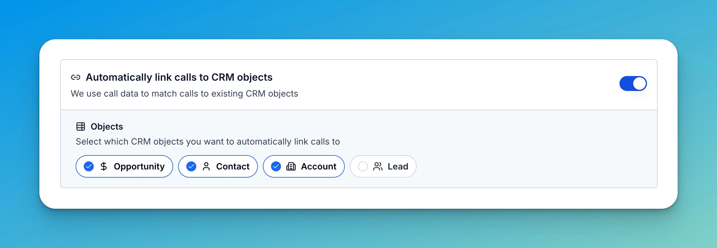 Salesforce CRM settings showing automatic call linking to Opportunity, Contact, Account, and Lead