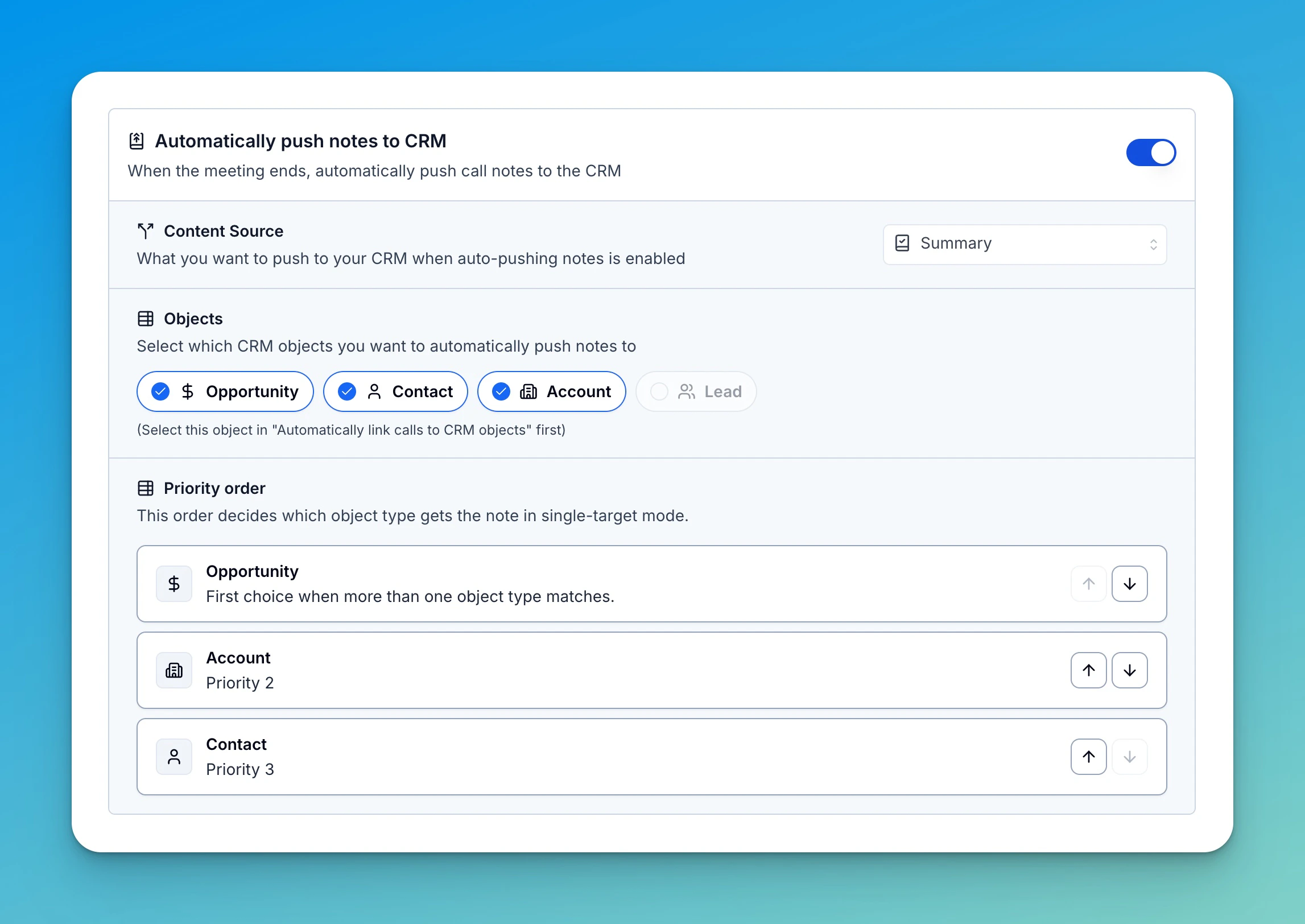 Salesforce CRM note routing — selected objects and priority order