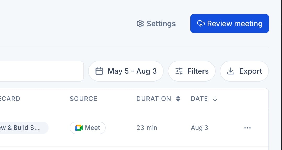 Meetings page toolbar with the Export button next to the date range and filters