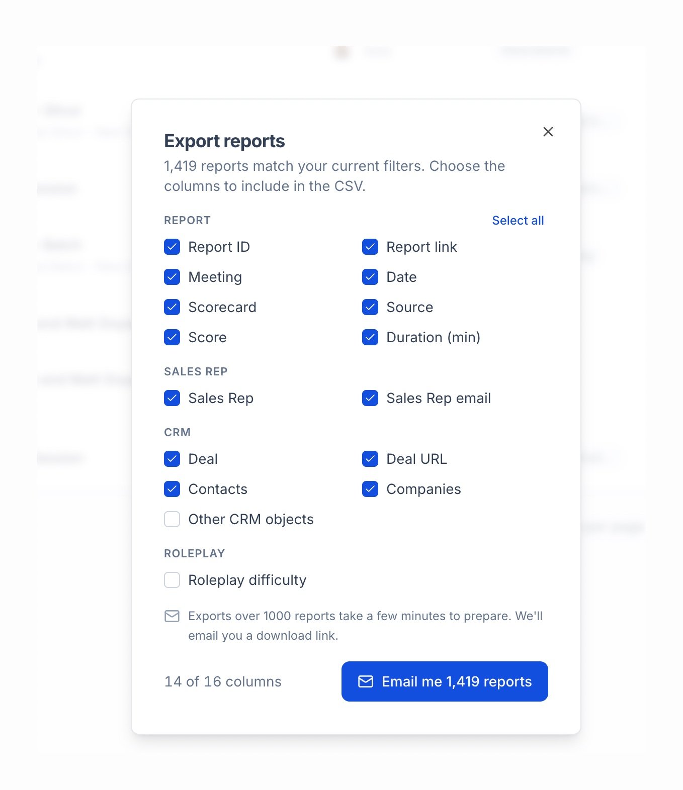 Export reports dialog with grouped column checkboxes and a Select all toggle