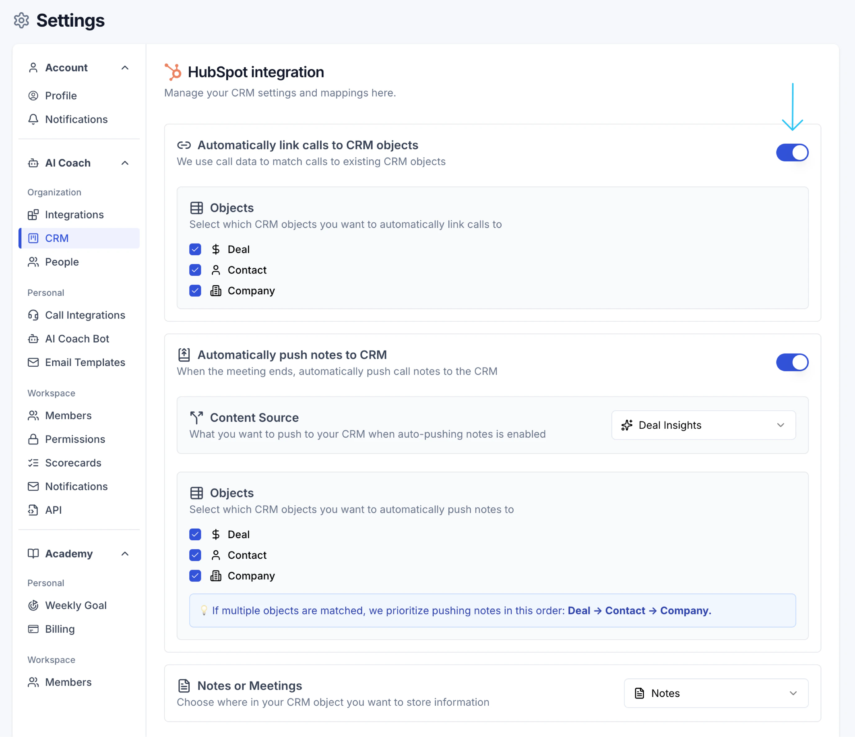 Automatically link calls to deals setting