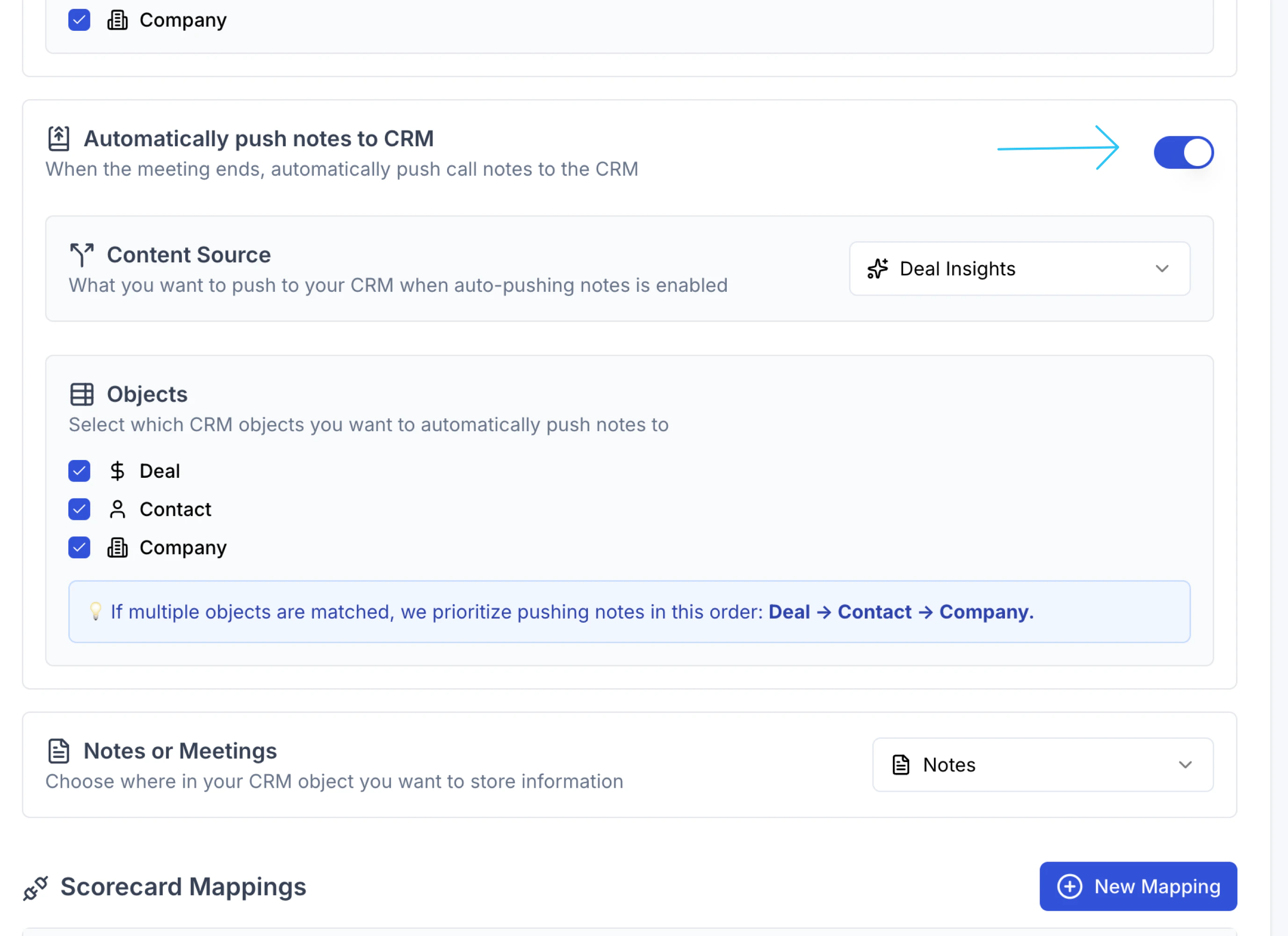 Automatically push notes to CRM setting