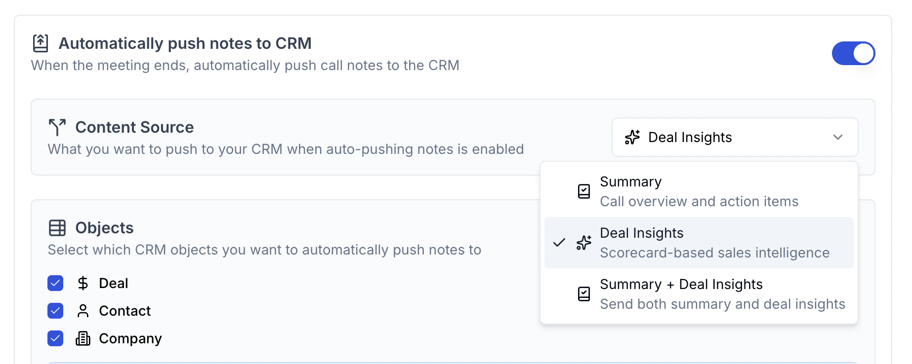 Content source selection for automatic CRM push