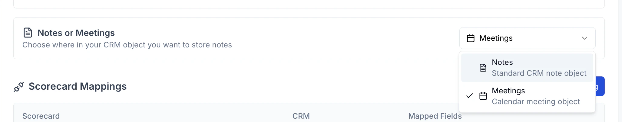 Notes or Meetings destination setting for CRM push