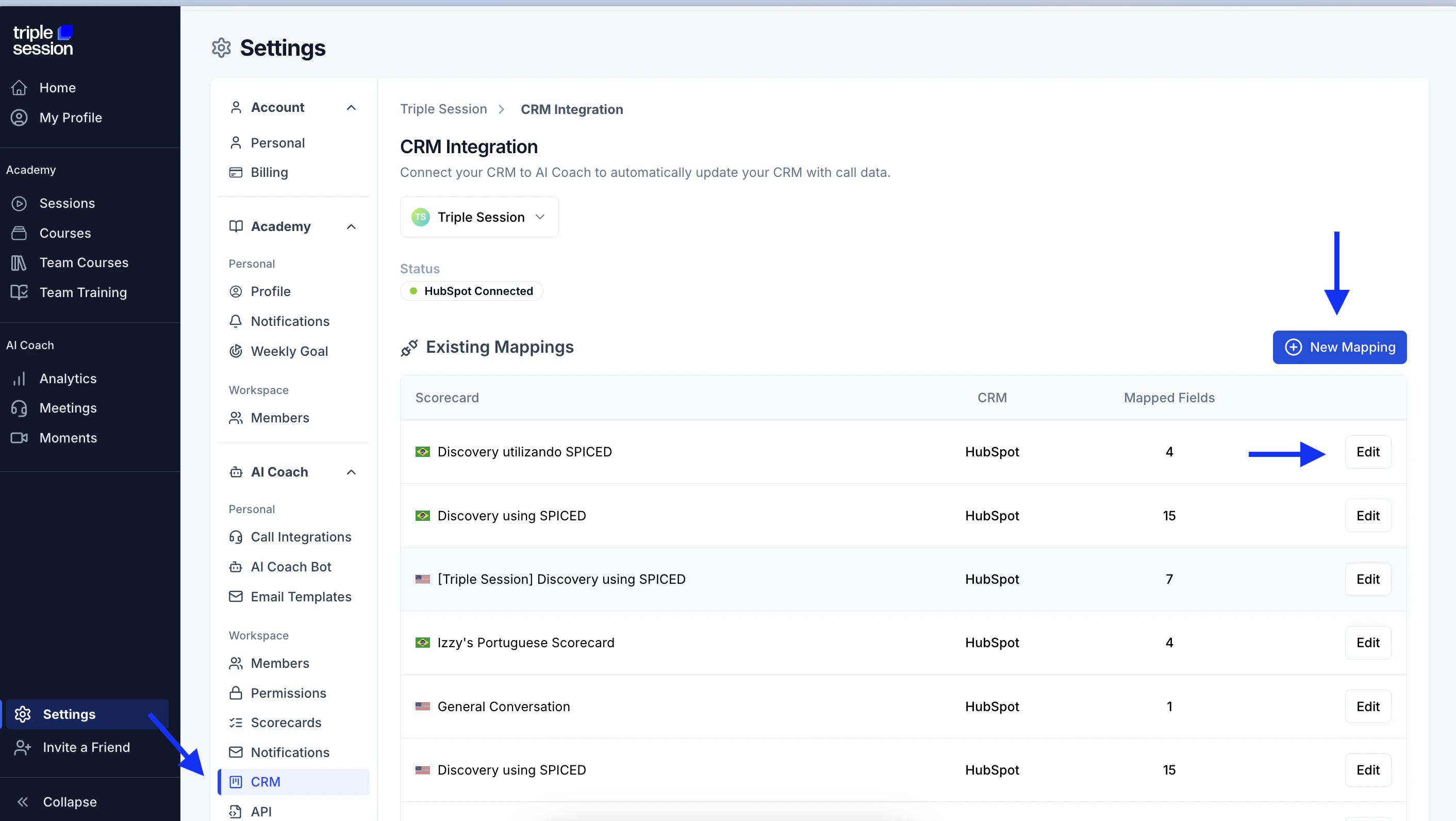 CRM integration settings page showing connection status