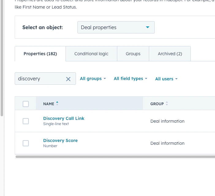 HubSpot field selection for mapping