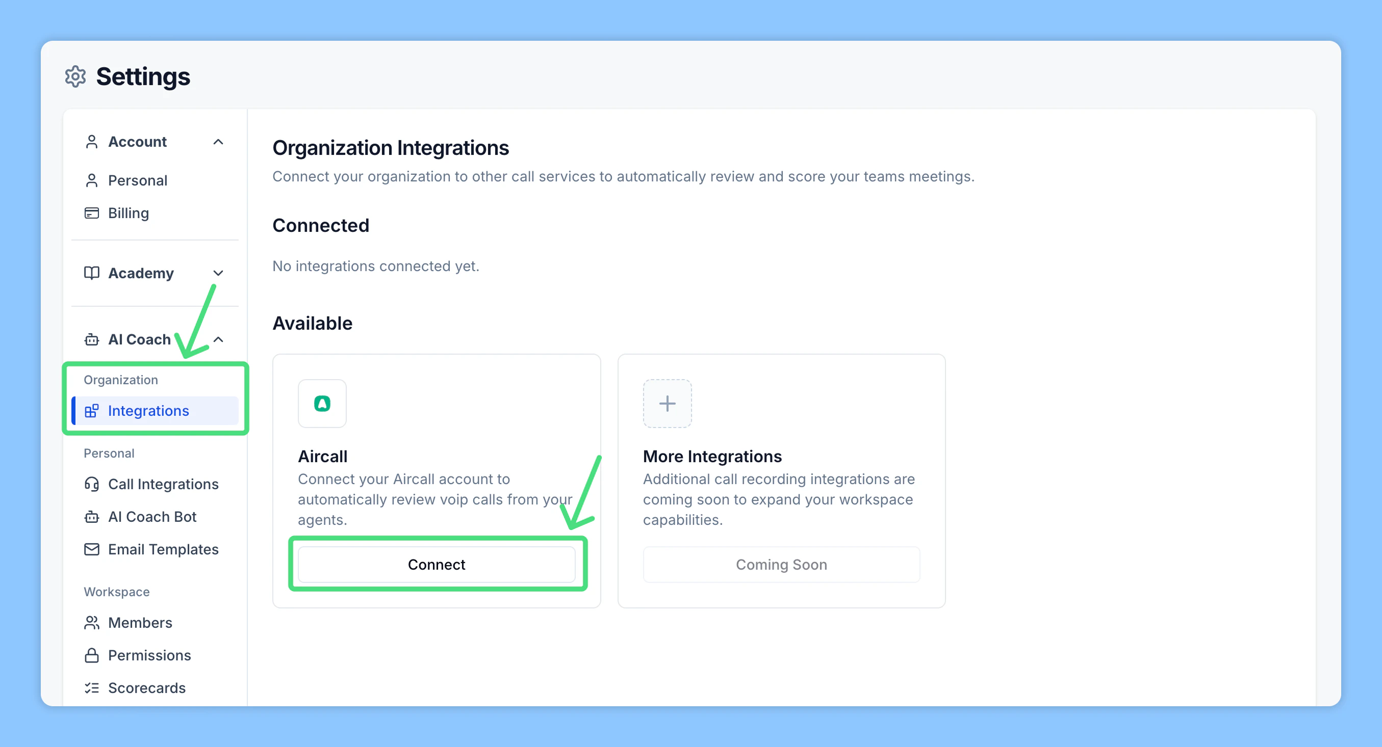 Call Integrations page showing Aircall option