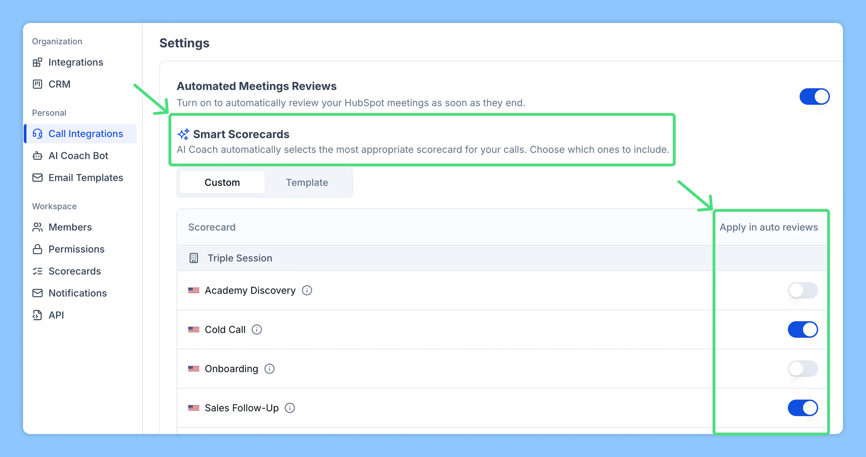 Smart Scorecards check in rep settings