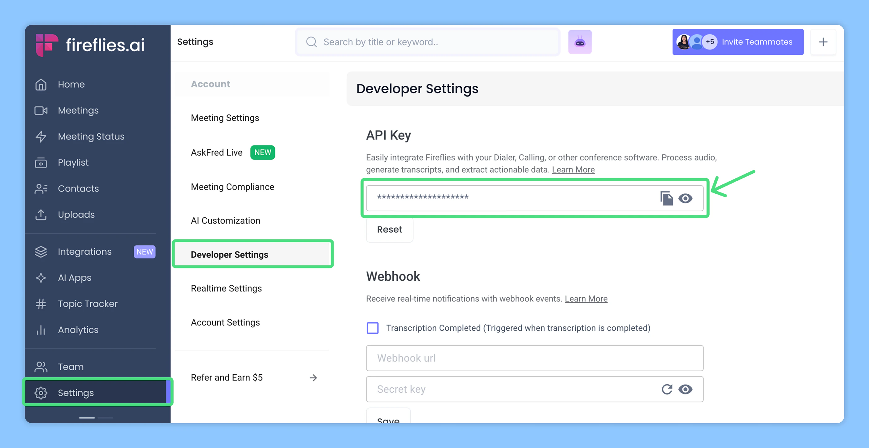 Fireflies Settings Developer API key page