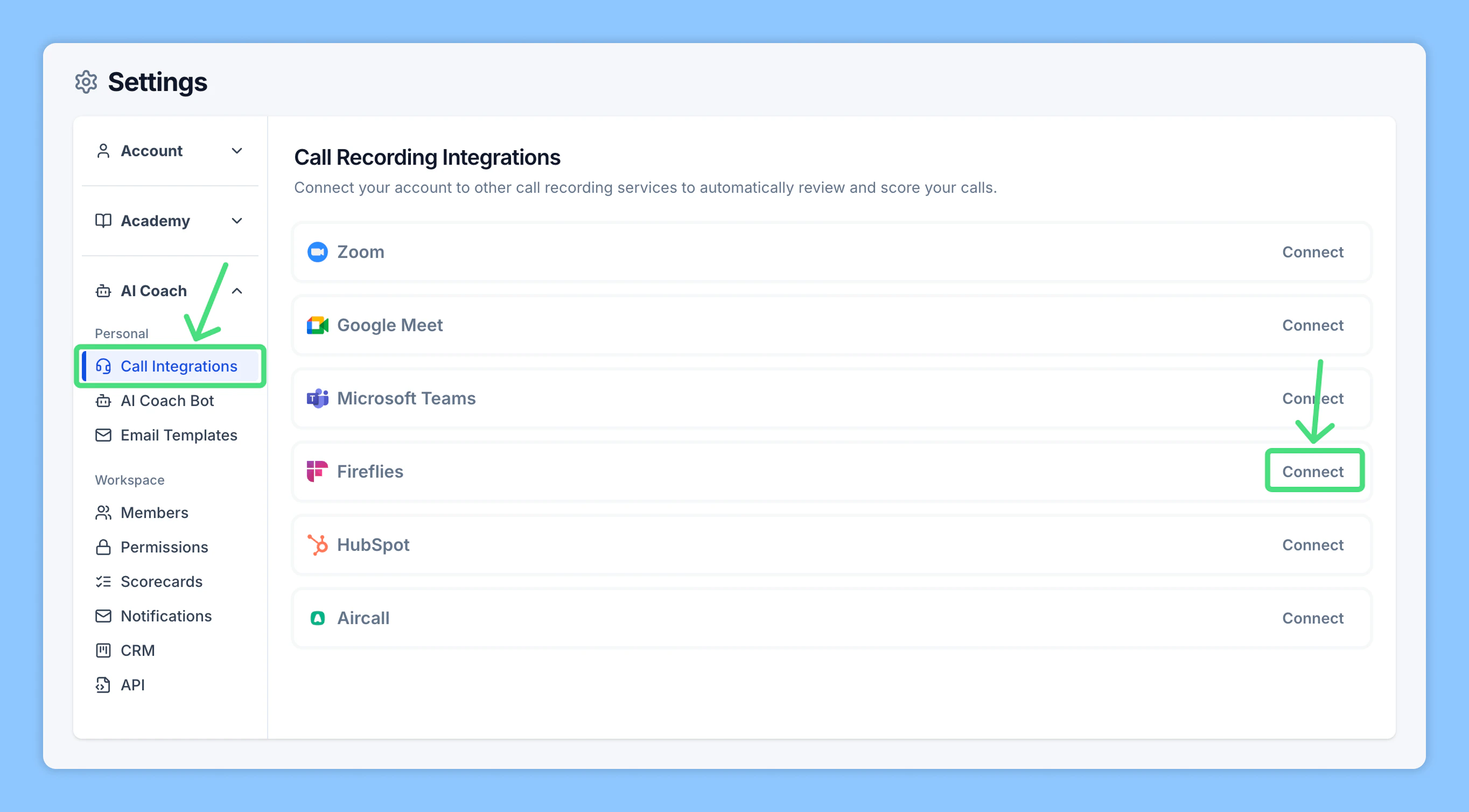 Call Integrations page showing Fireflies option