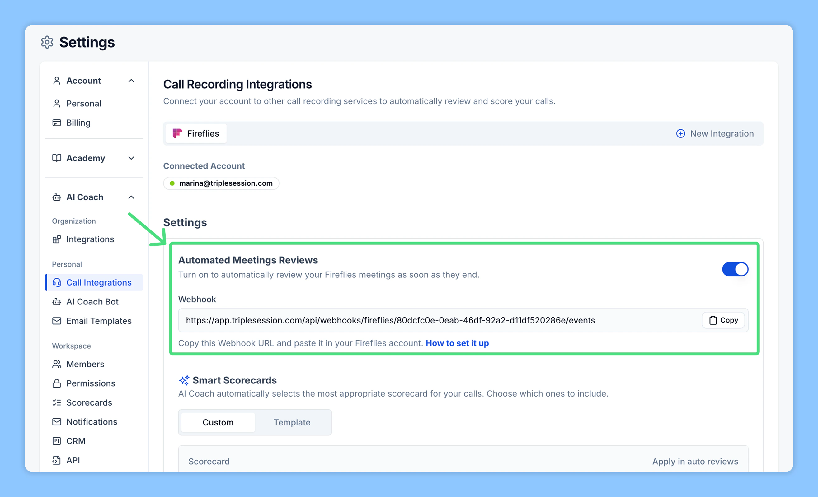 Fireflies webhook URL in Triple Session