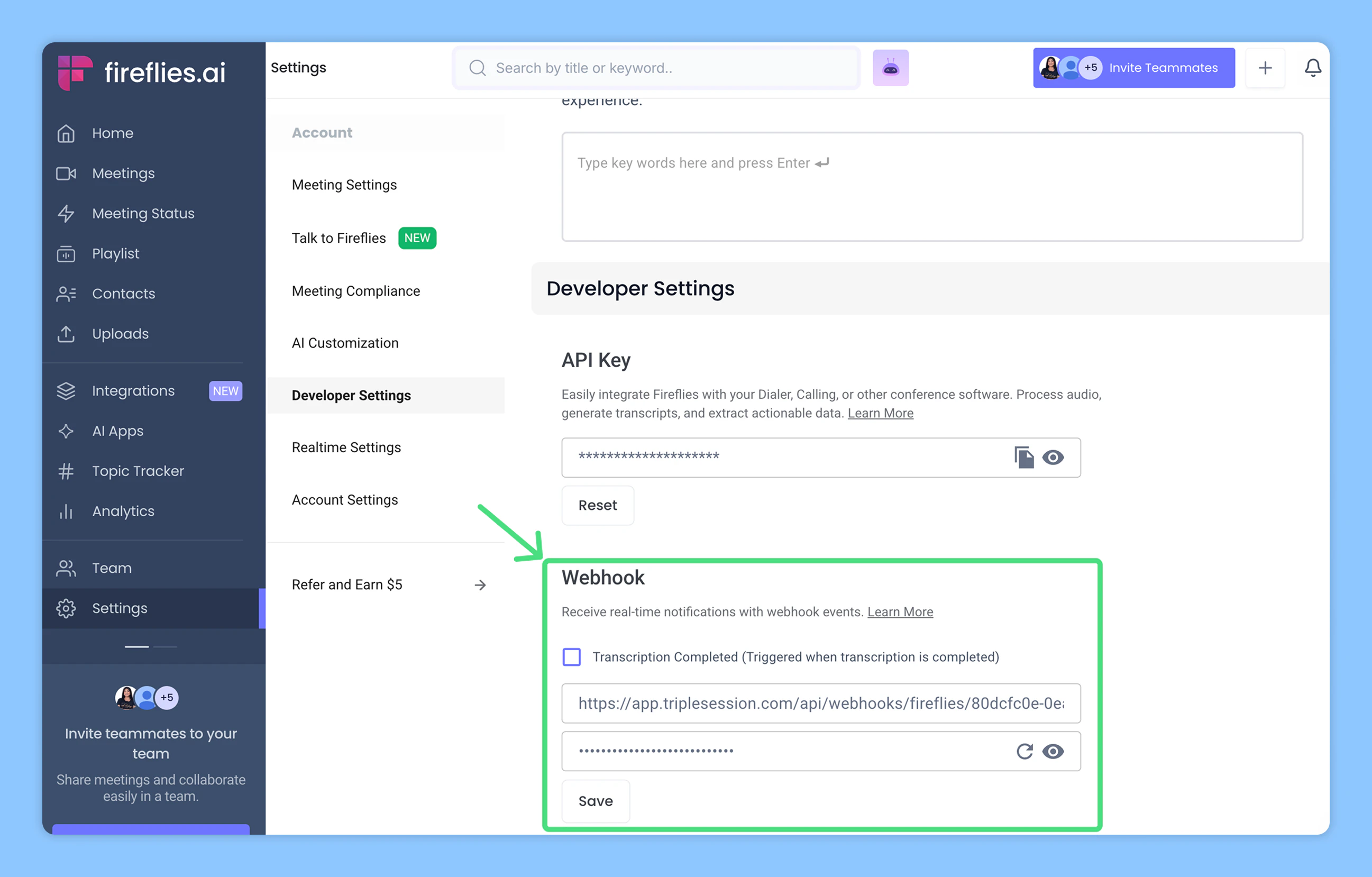 Pasting webhook URL into Fireflies Developer Settings