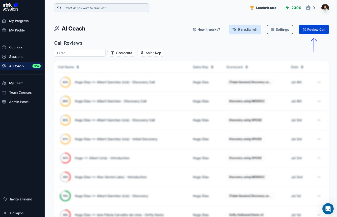AI Coach dashboard — Review Call button