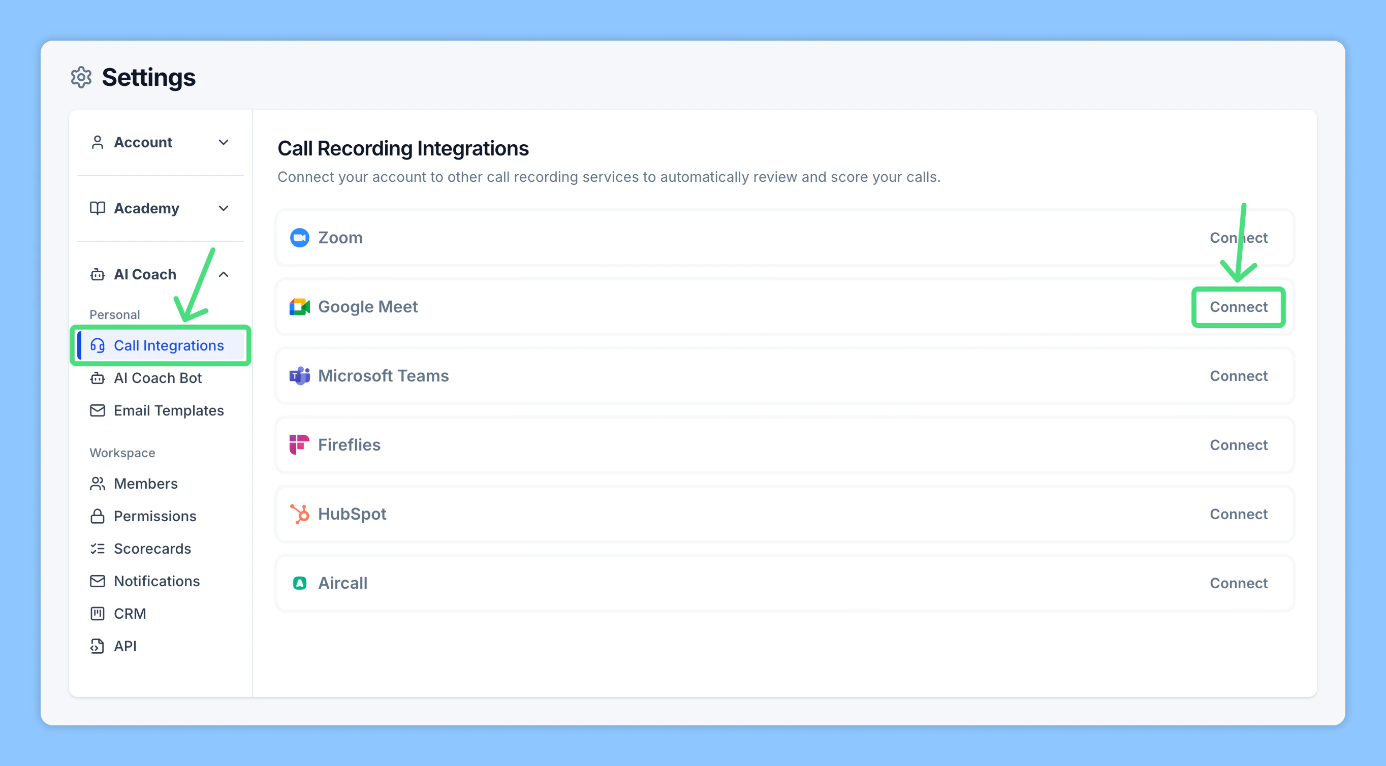 Call Integrations page showing Google Meet option