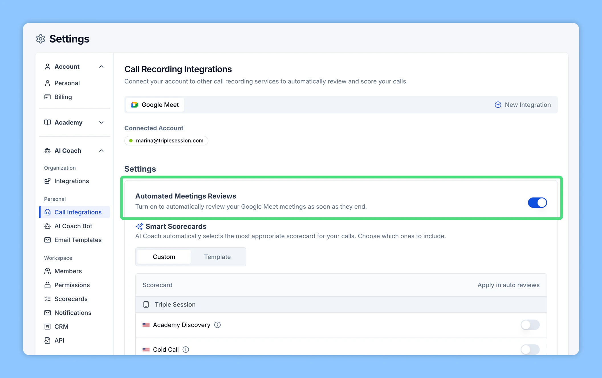 Automated Reviews enabled for Google Meet