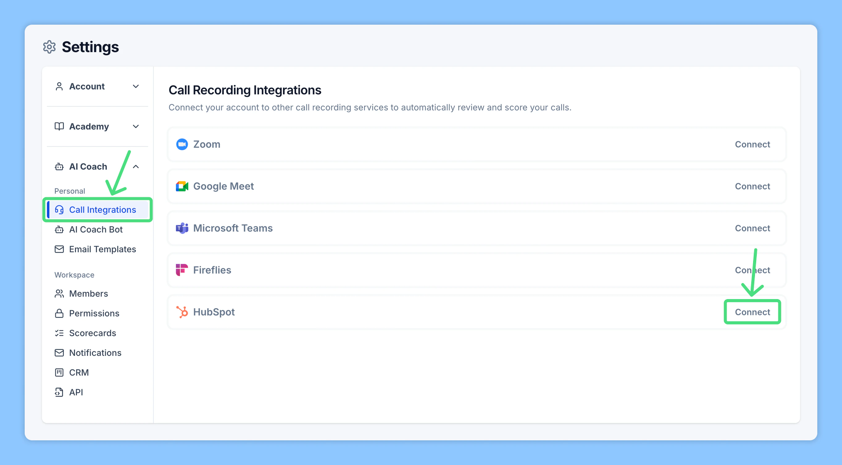 Call Integrations page showing HubSpot option