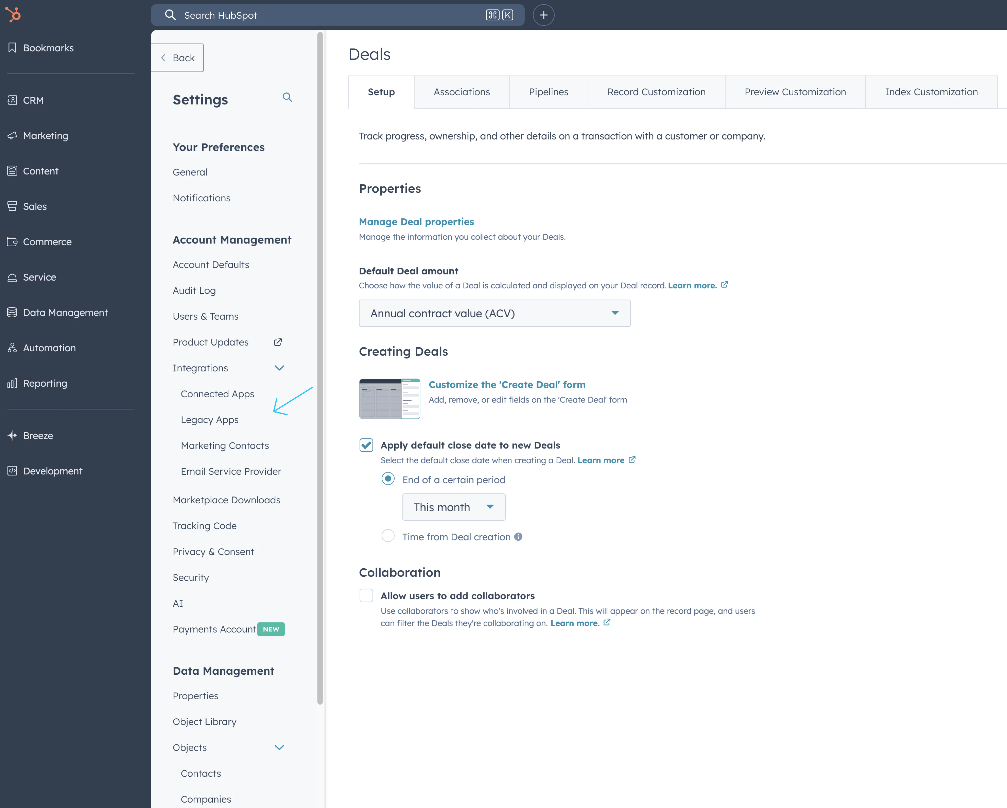 HubSpot CRM connection — step 1