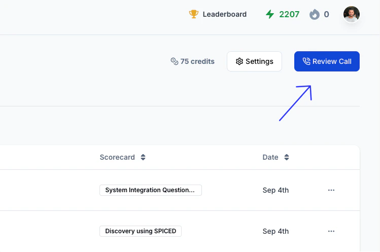Review Call button in AI Coach dashboard