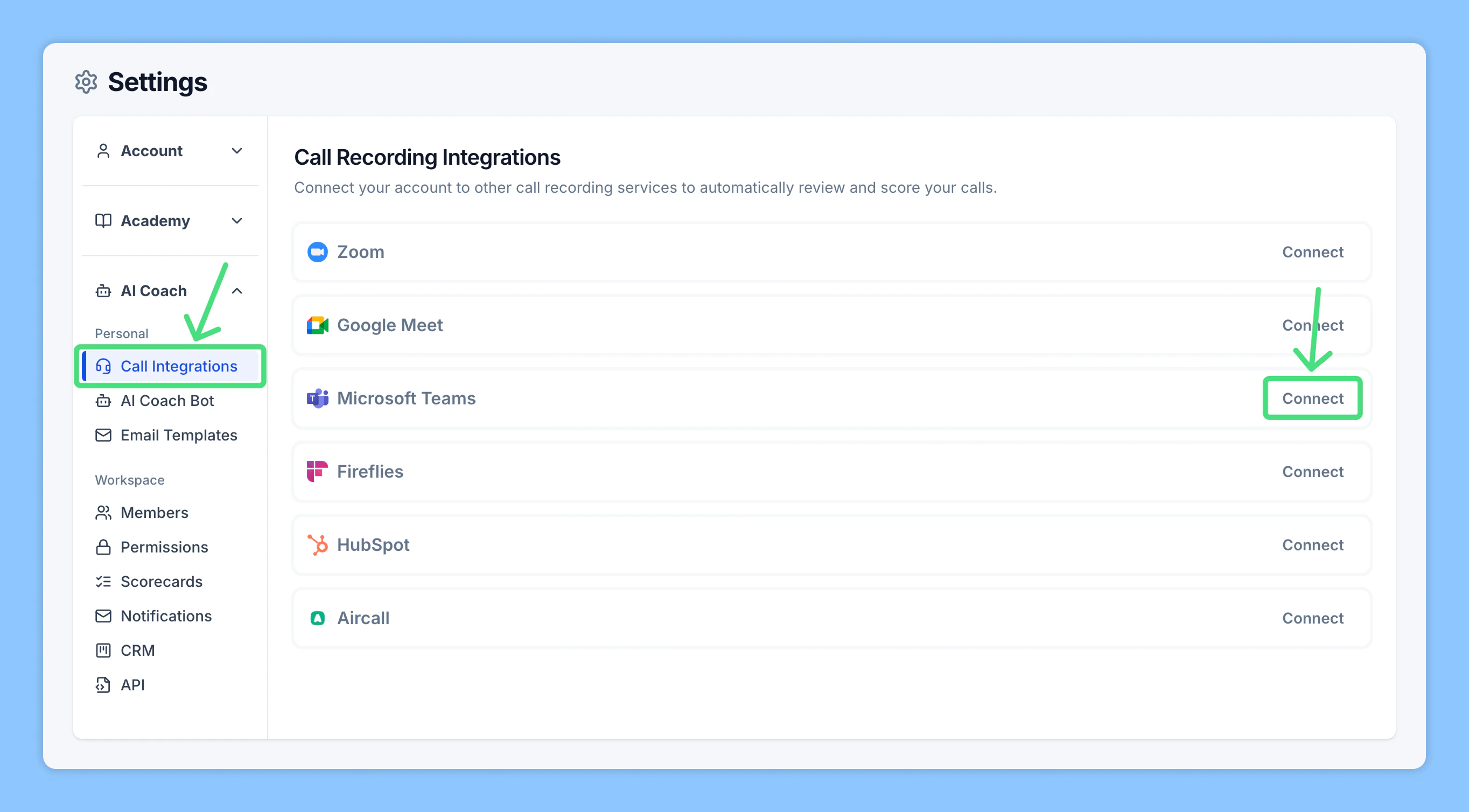 Call Integrations page showing Microsoft Teams option