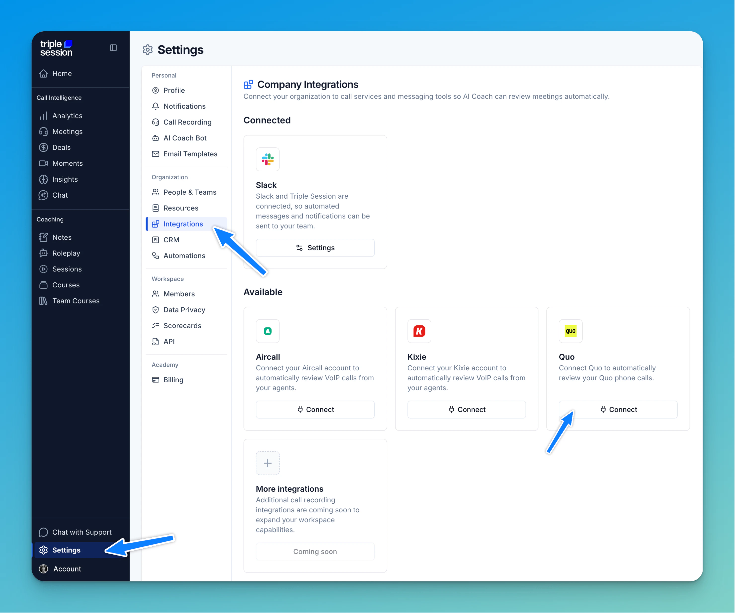 AI Coach settings page — Integrations
