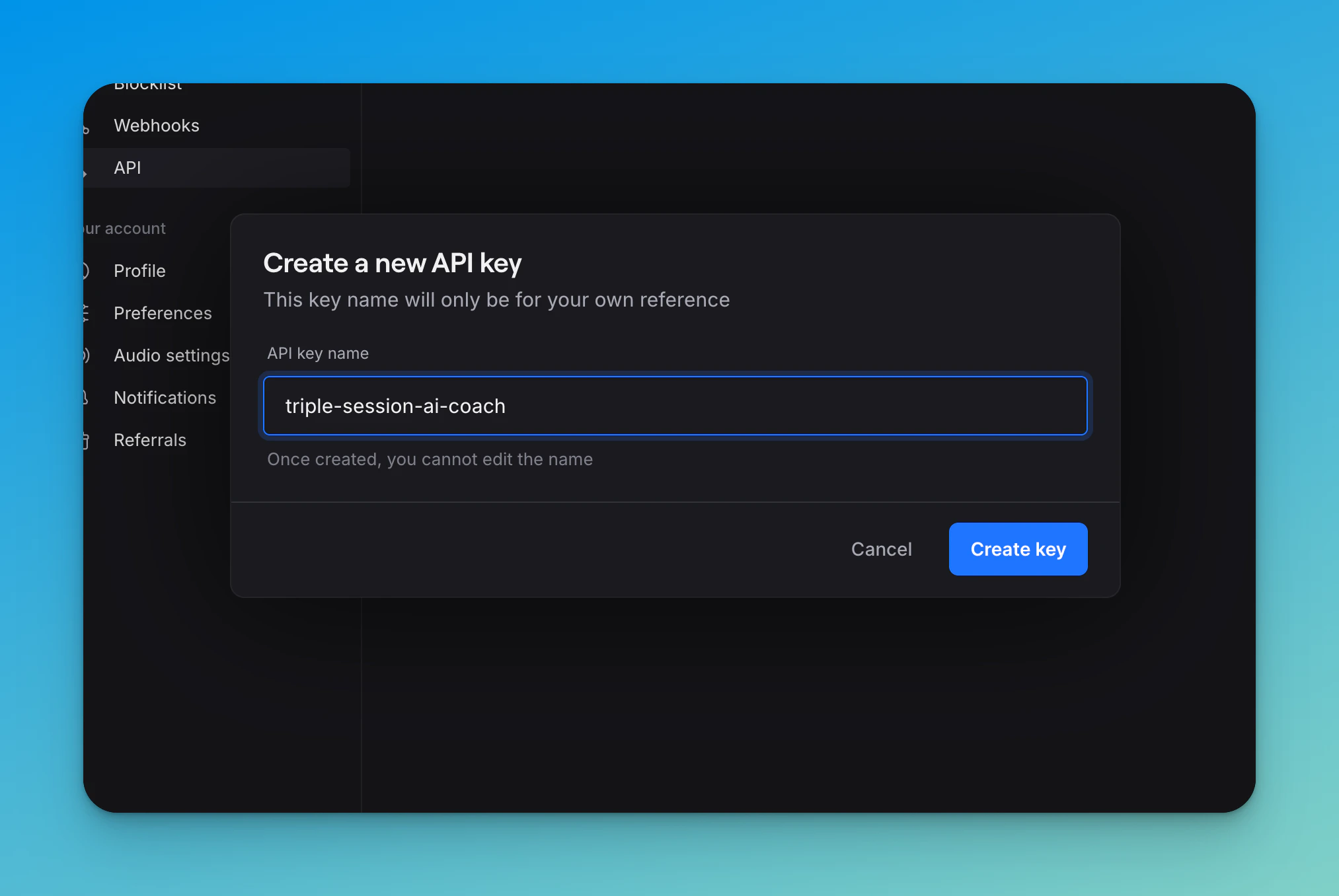 Create new API key in Quo