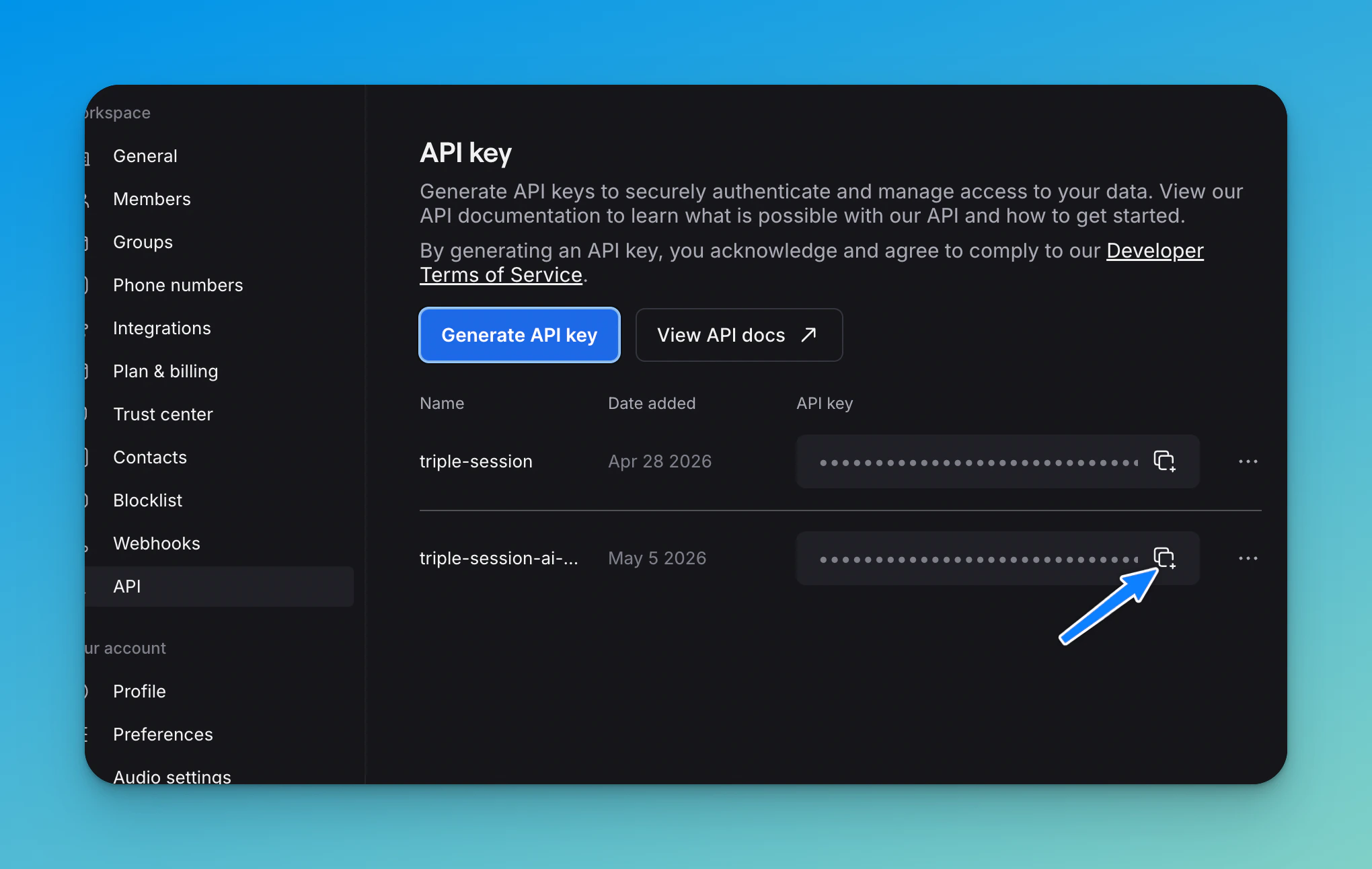 Copy the generated Quo API key