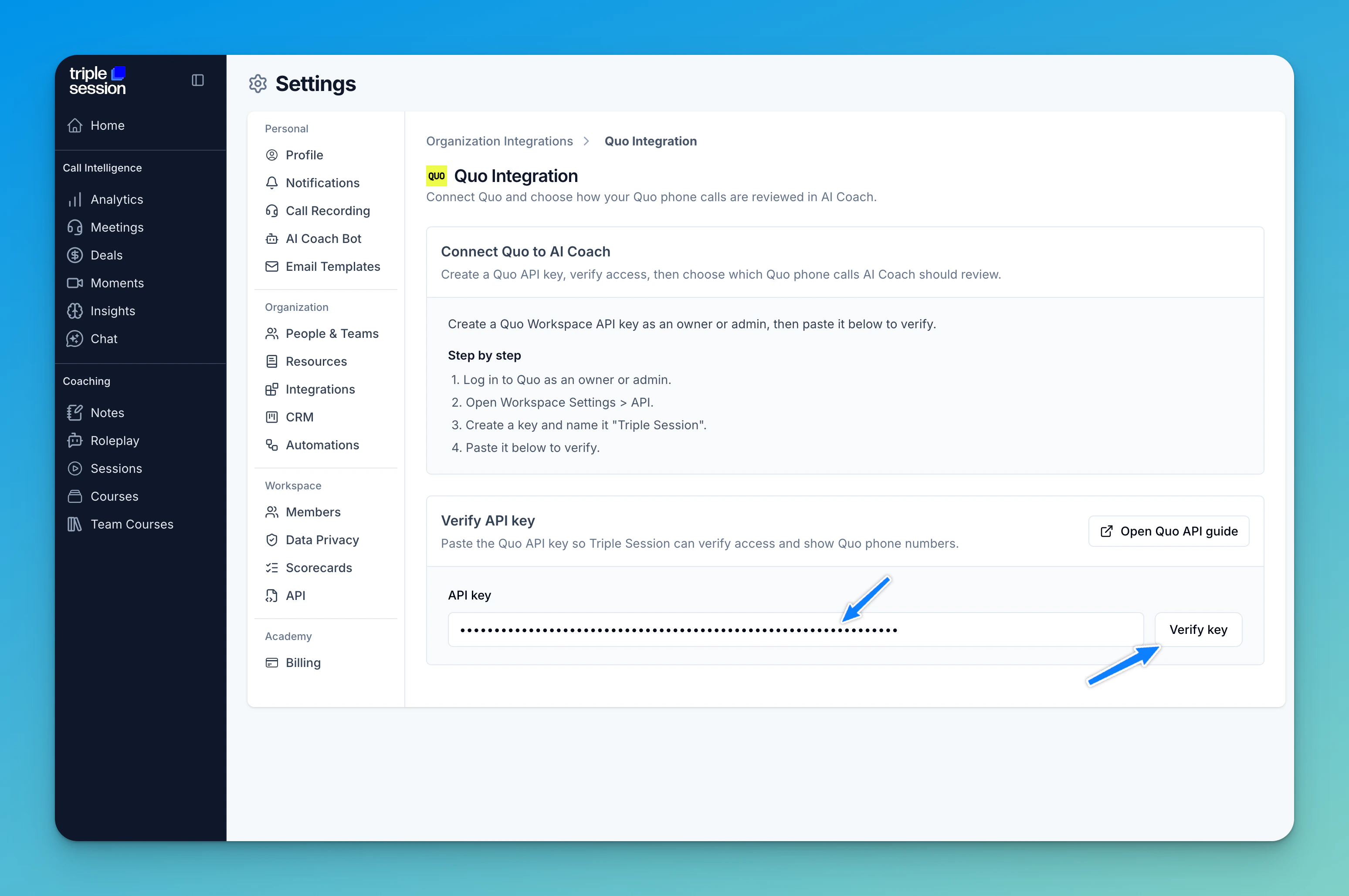 Paste and verify Quo API key in Triple Session