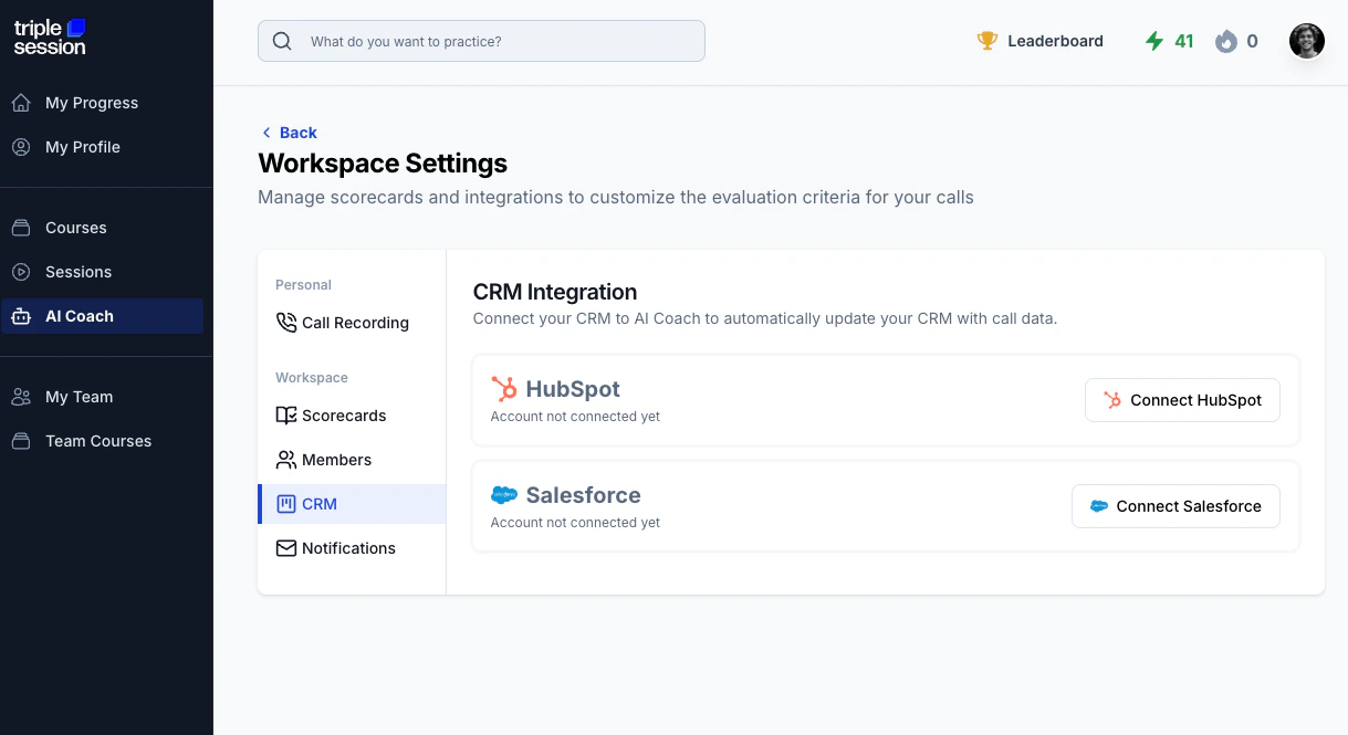 CRM settings page in AI Coach