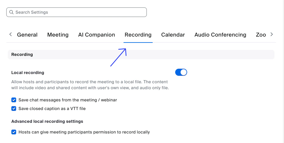 Zoom profile recording settings page