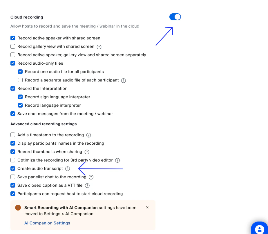 Zoom cloud recording settings enabled