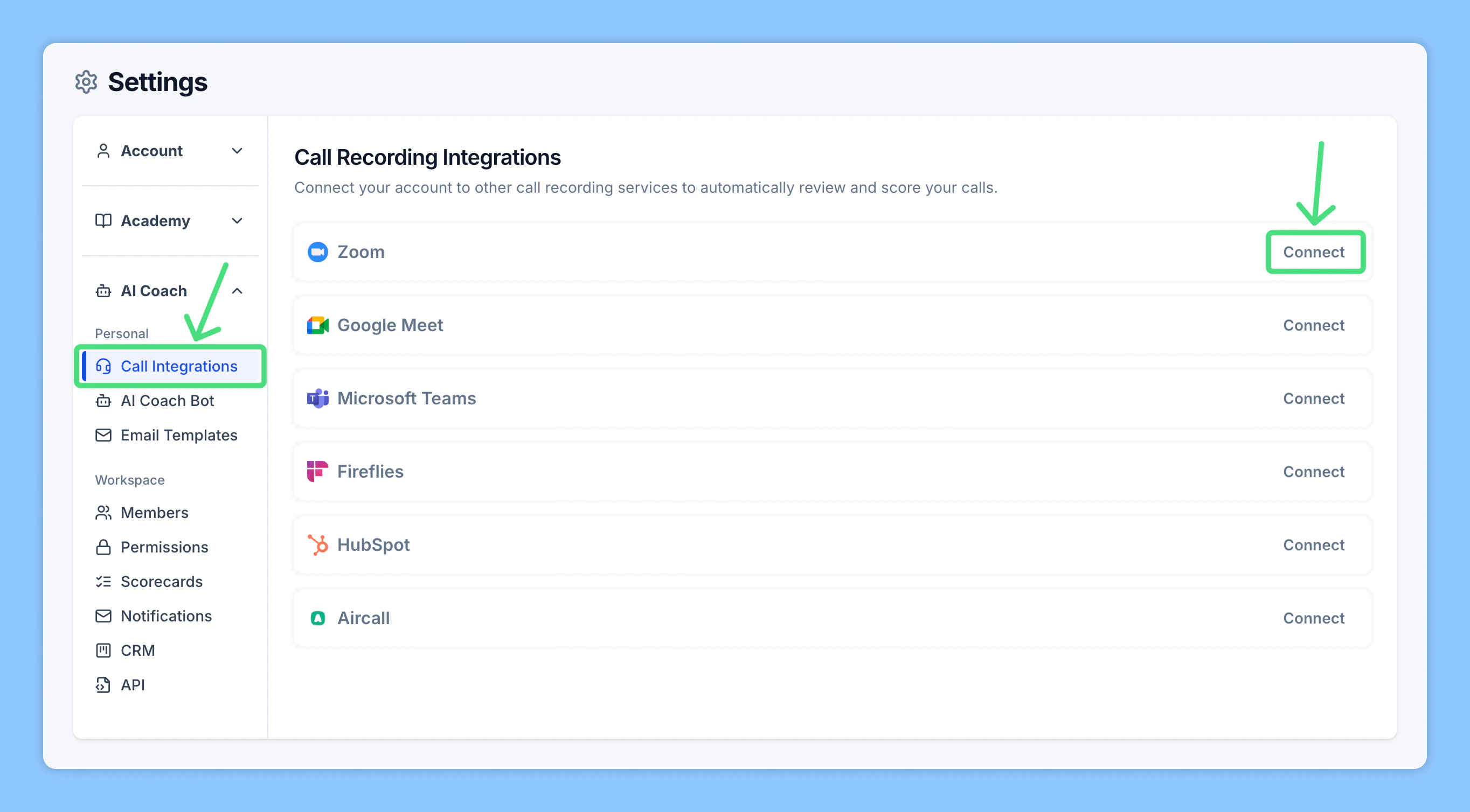 Call Integrations page showing Zoom option