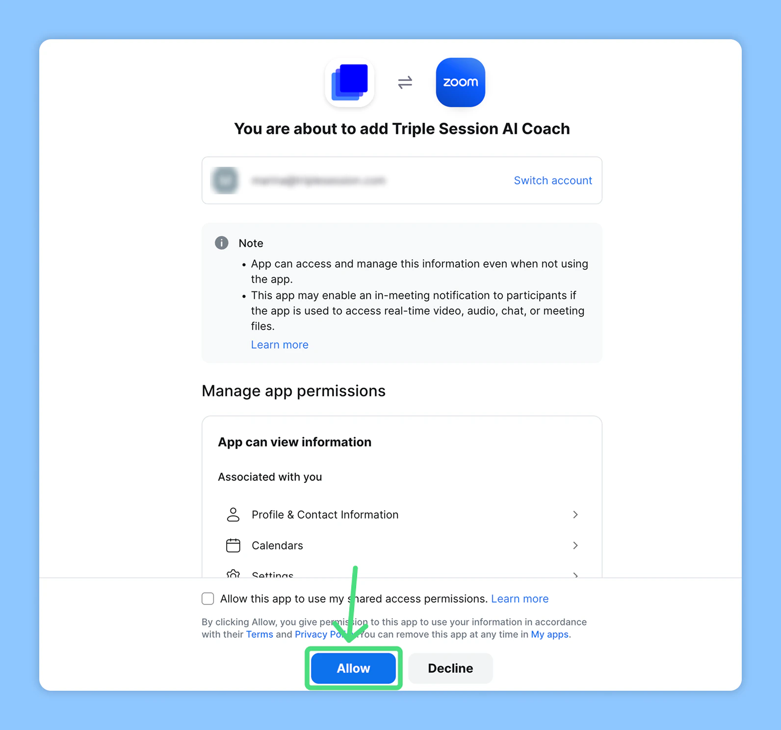 Zoom permissions grant screen