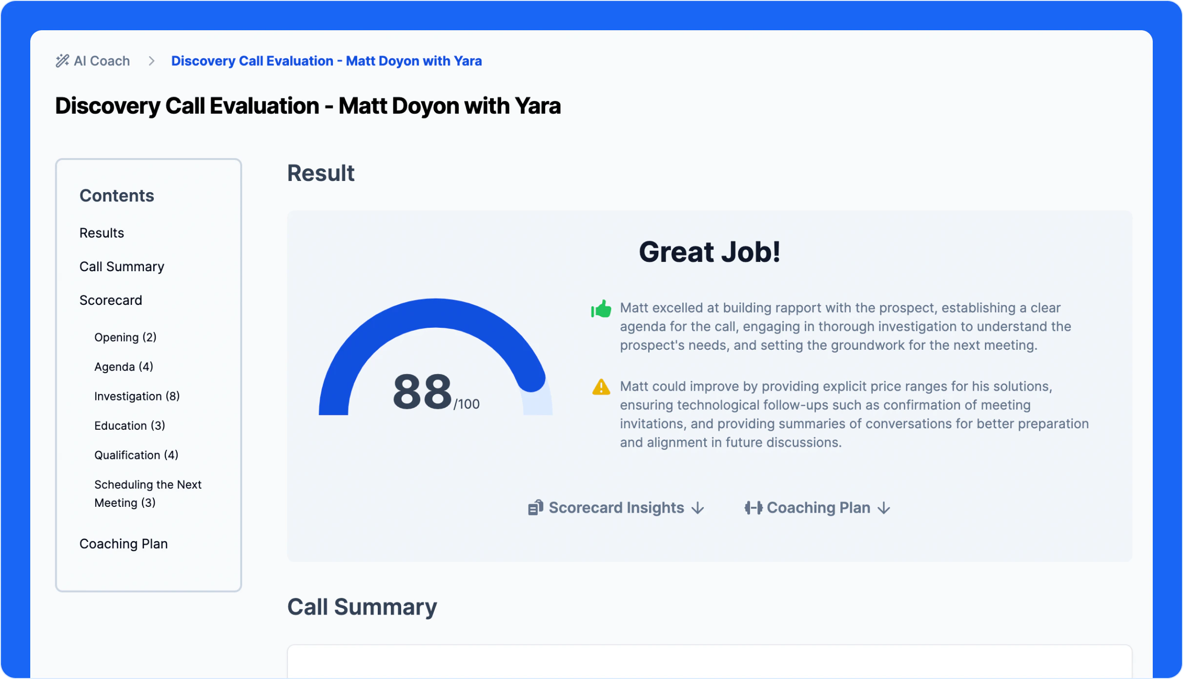 AI Coach call analysis report