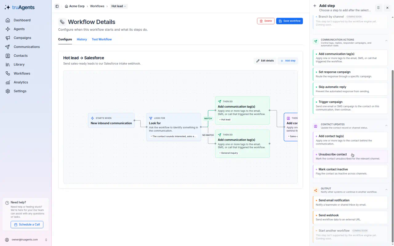 The add step panel with Send webhook under Output