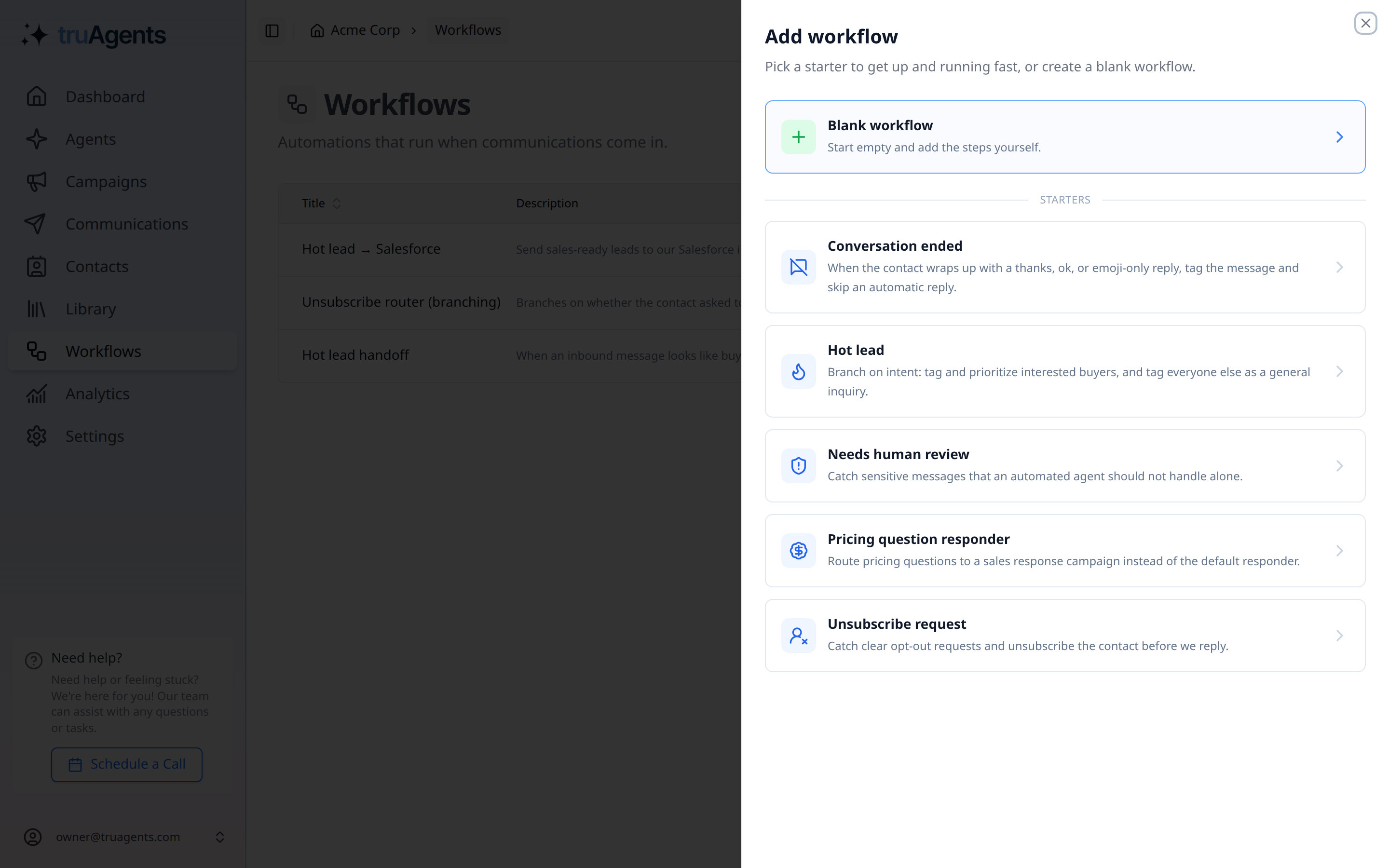 The add workflow dialog listing the starter templates
