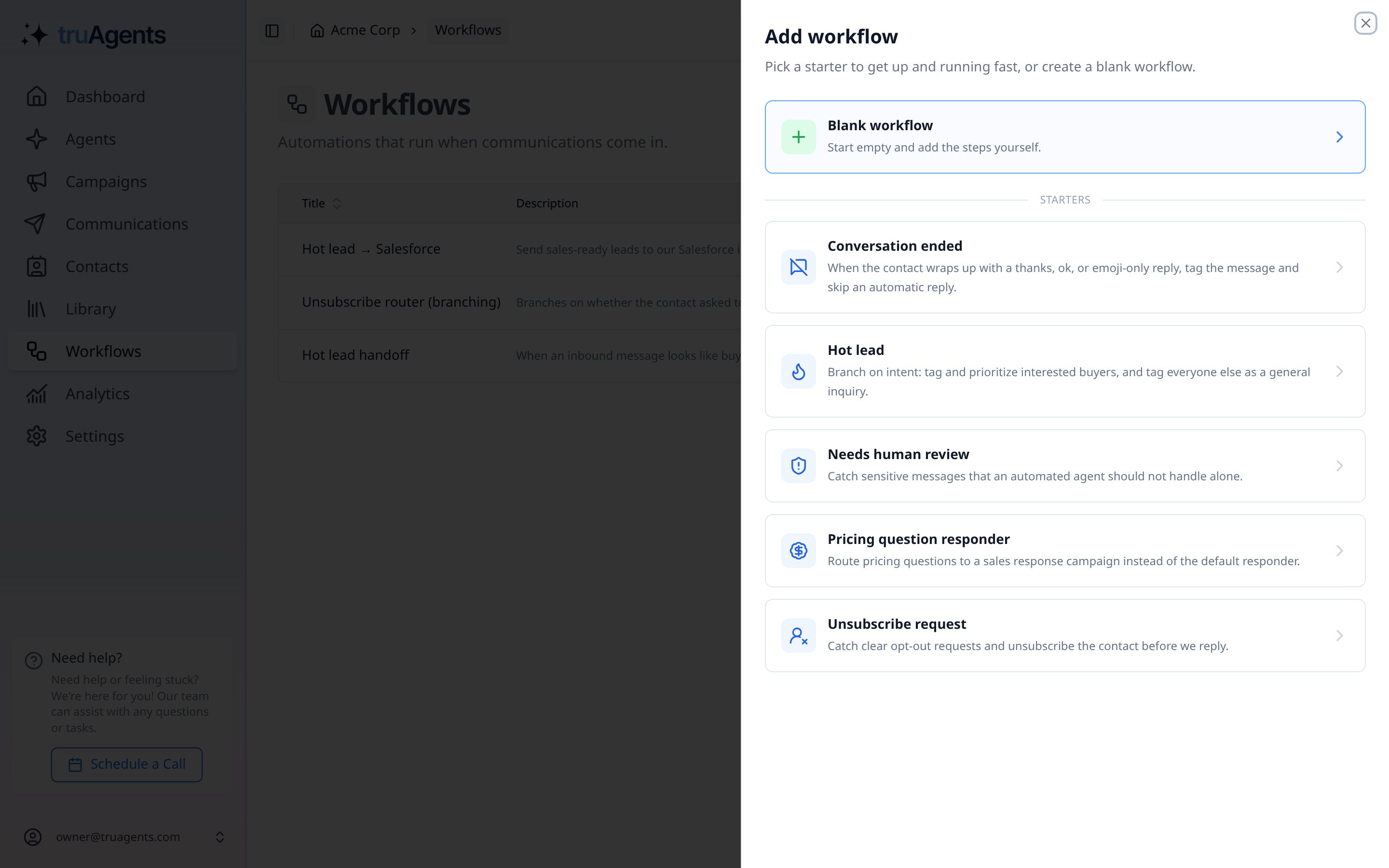 The add workflow dialog listing the starter templates