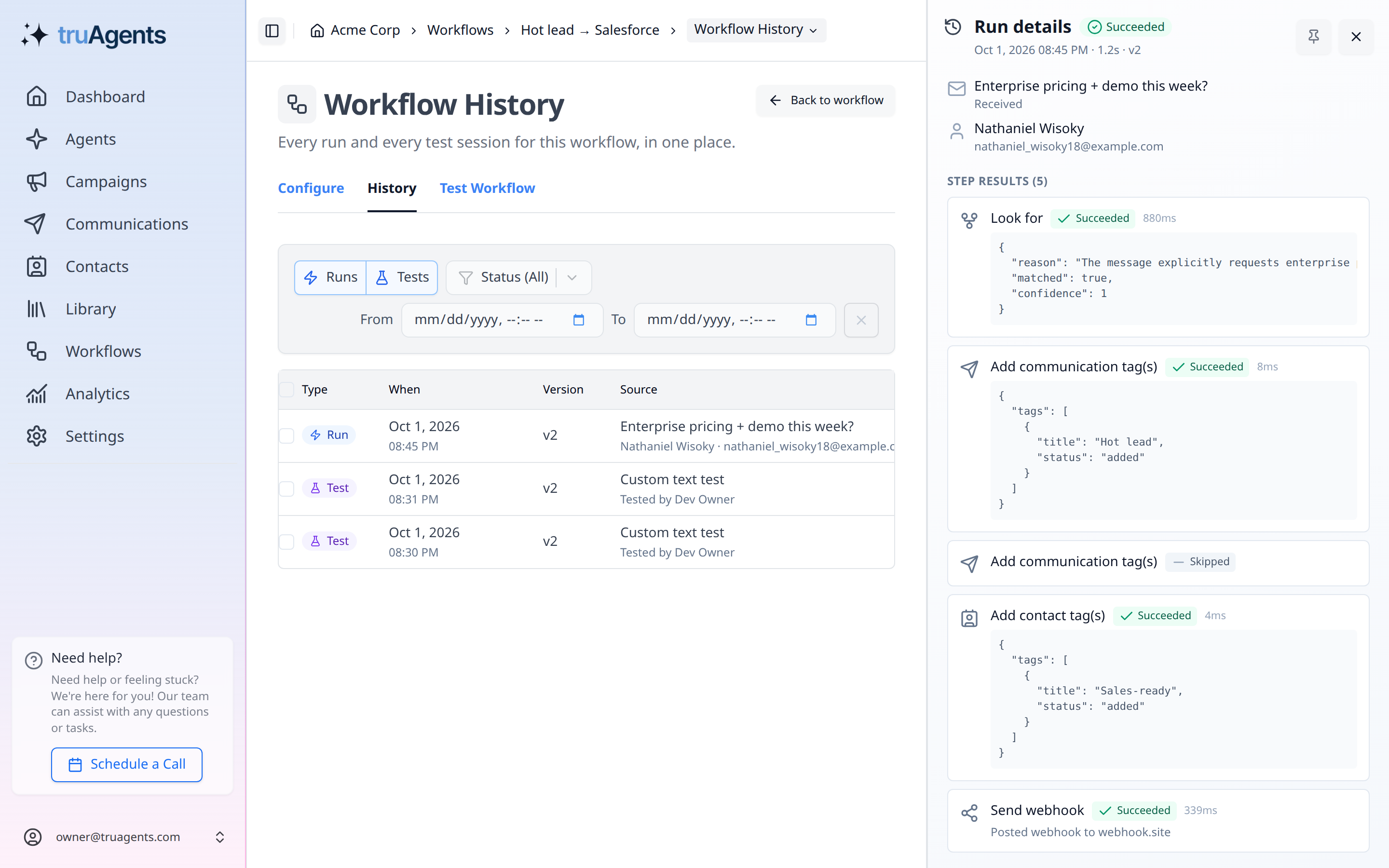 The History tab showing a succeeded Send webhook step