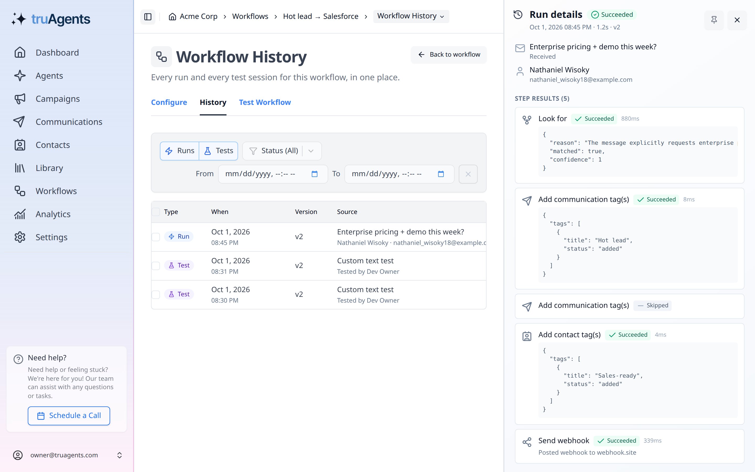 The History tab showing a succeeded Send webhook step