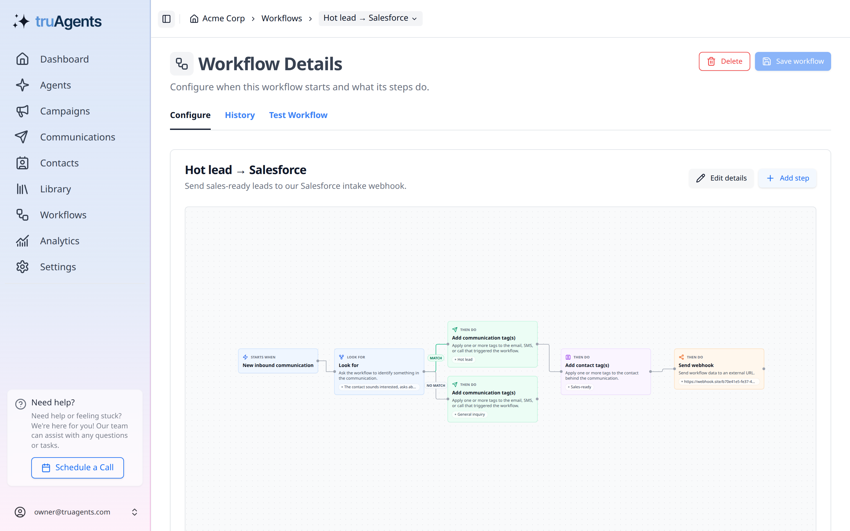 A hot lead workflow with Send webhook at the end of the MATCH branch