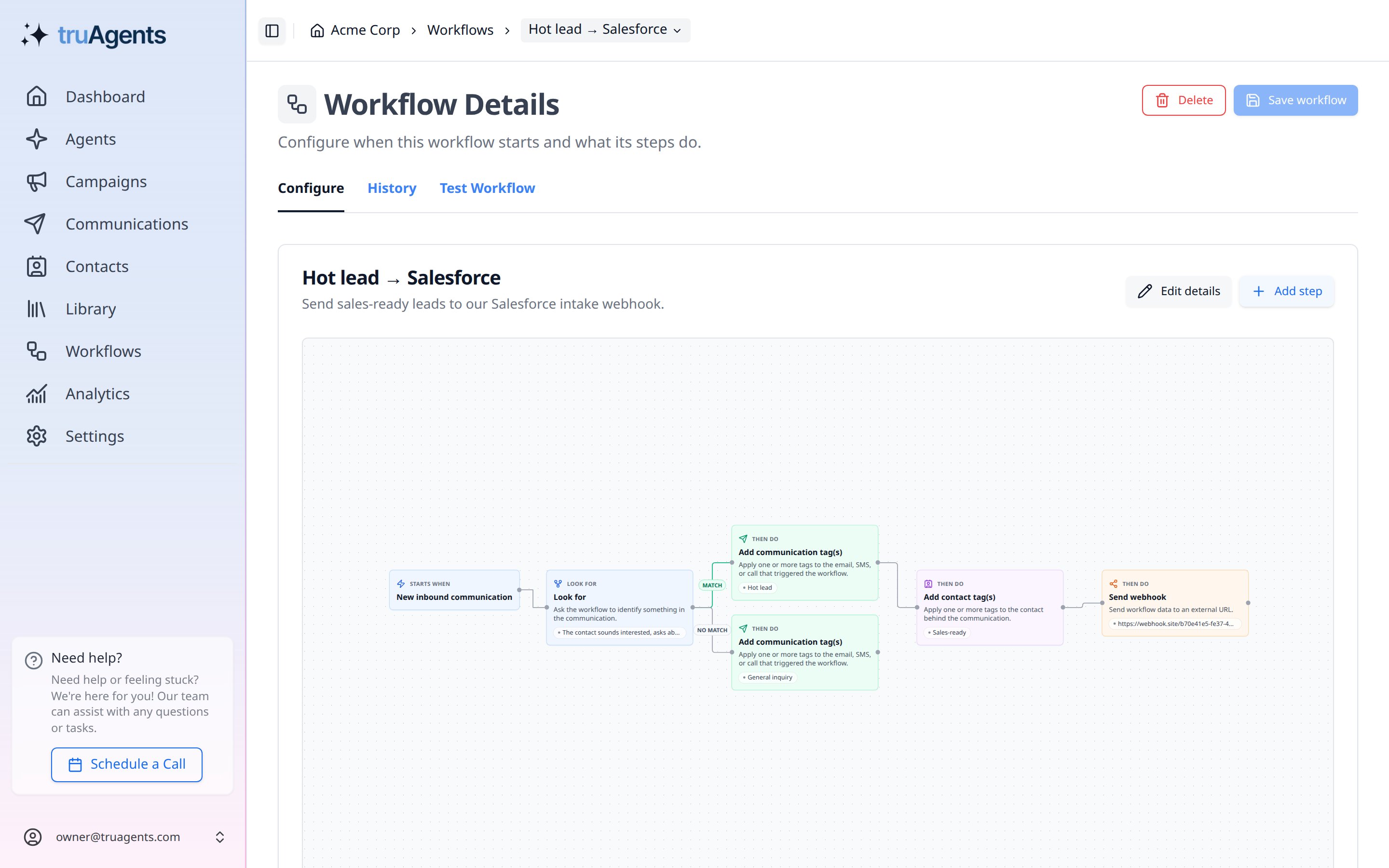 A hot lead workflow with Send webhook at the end of the MATCH branch