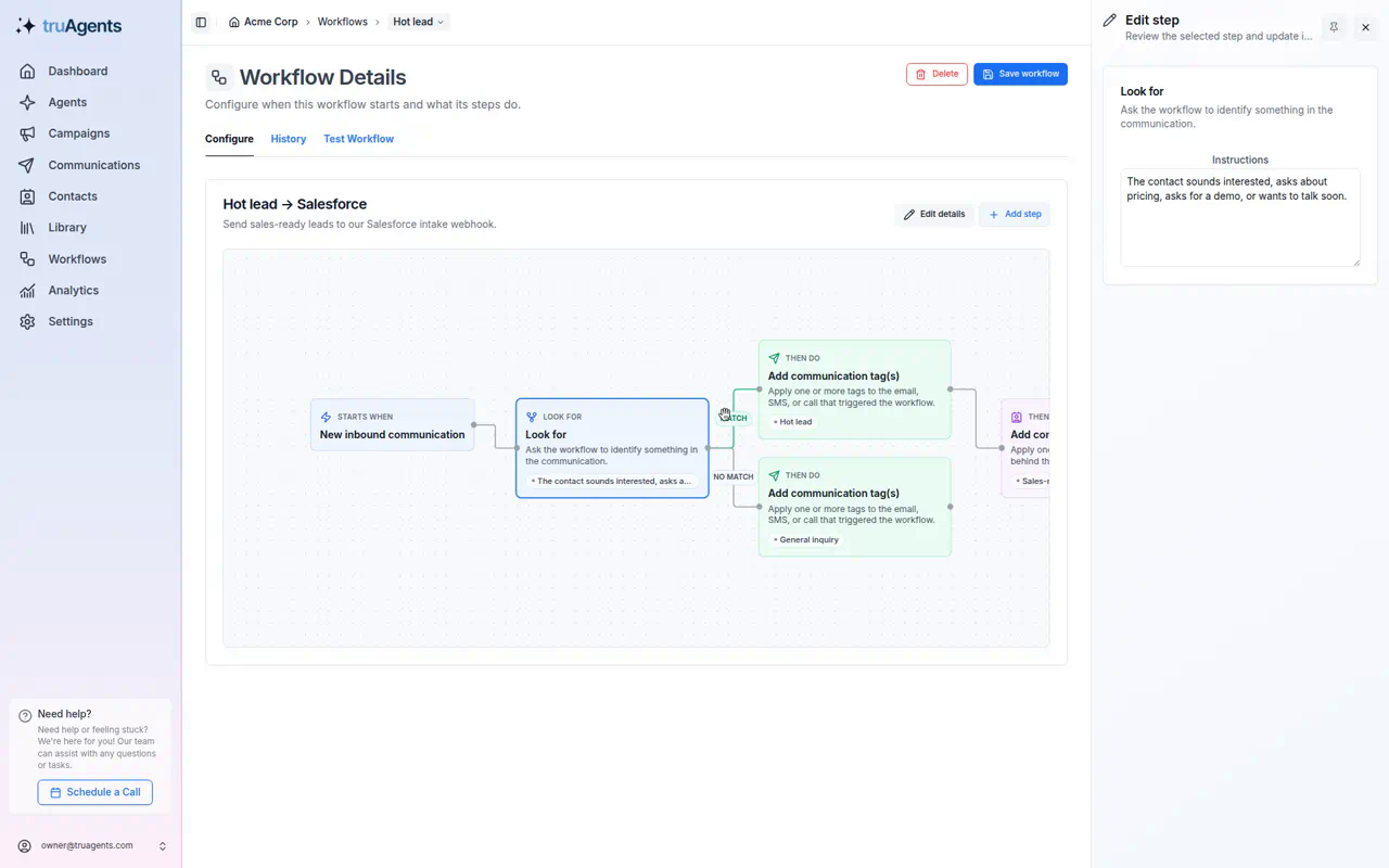 The Look for step editor with hot-lead instructions