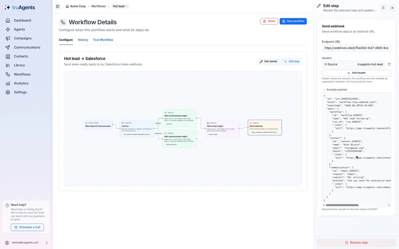 The Edit step panel for Send webhook with URL, a header, and the example payload
