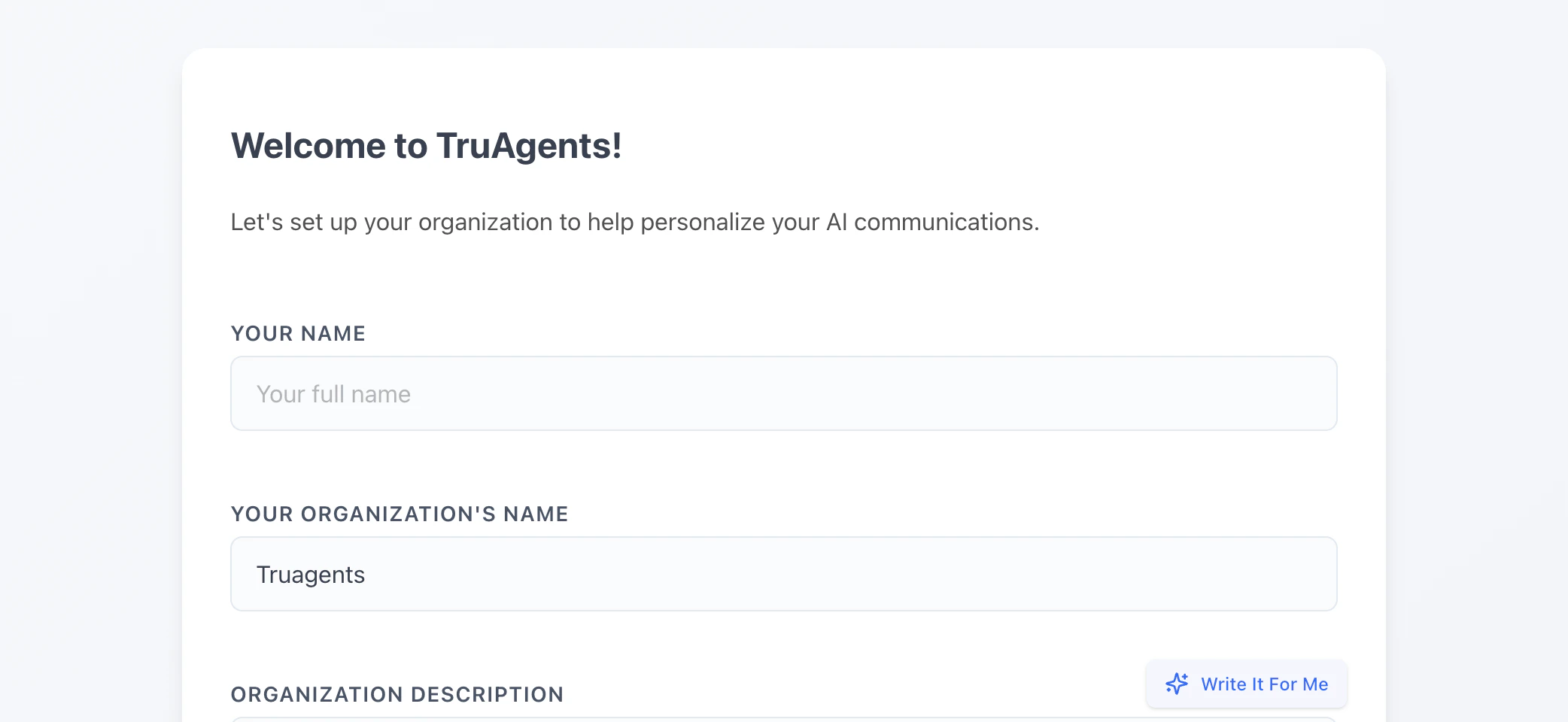 TruAgents onboarding form for creating an organization