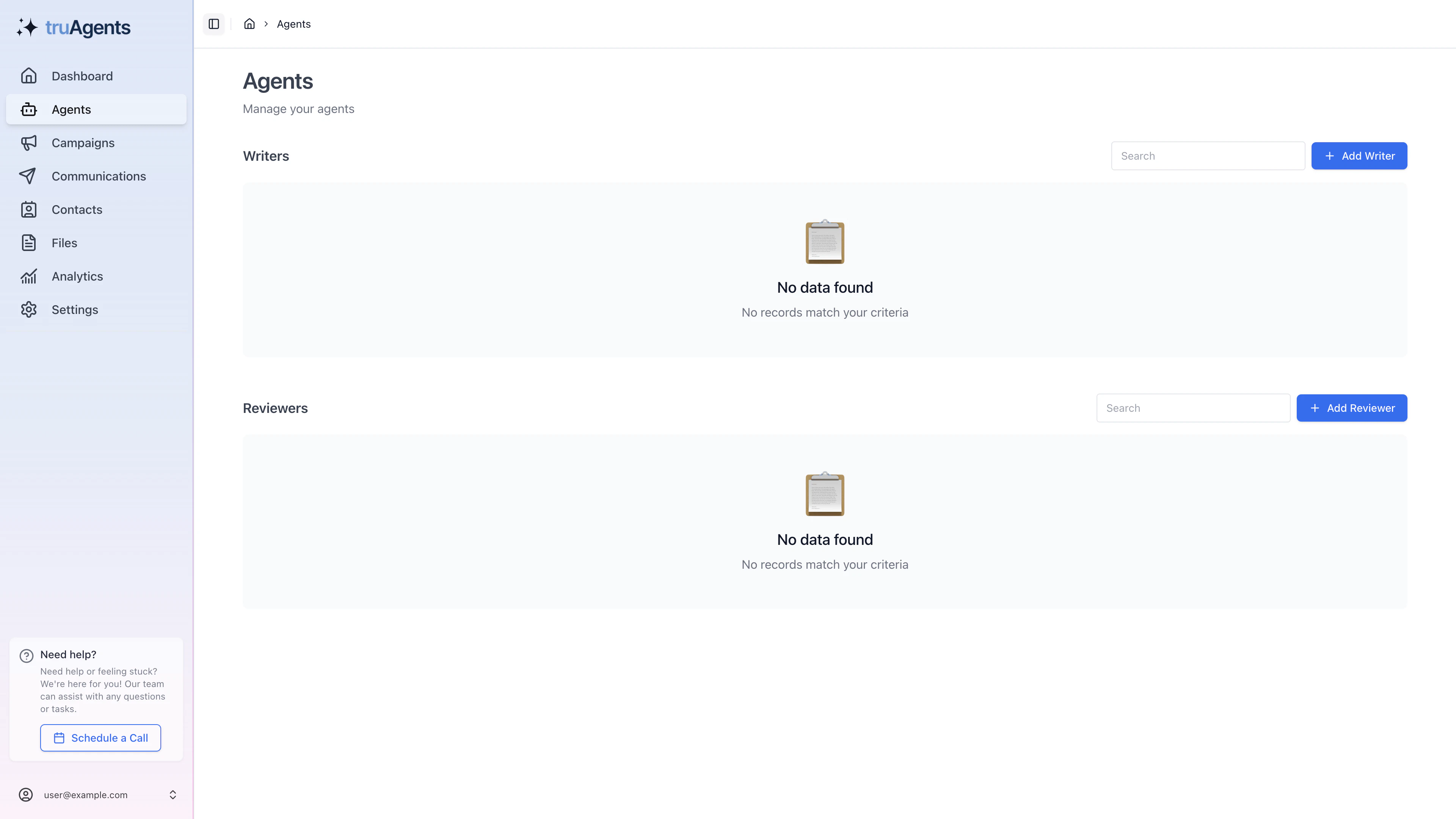 TruAgents agents page showing separate writer and reviewer sections with add buttons