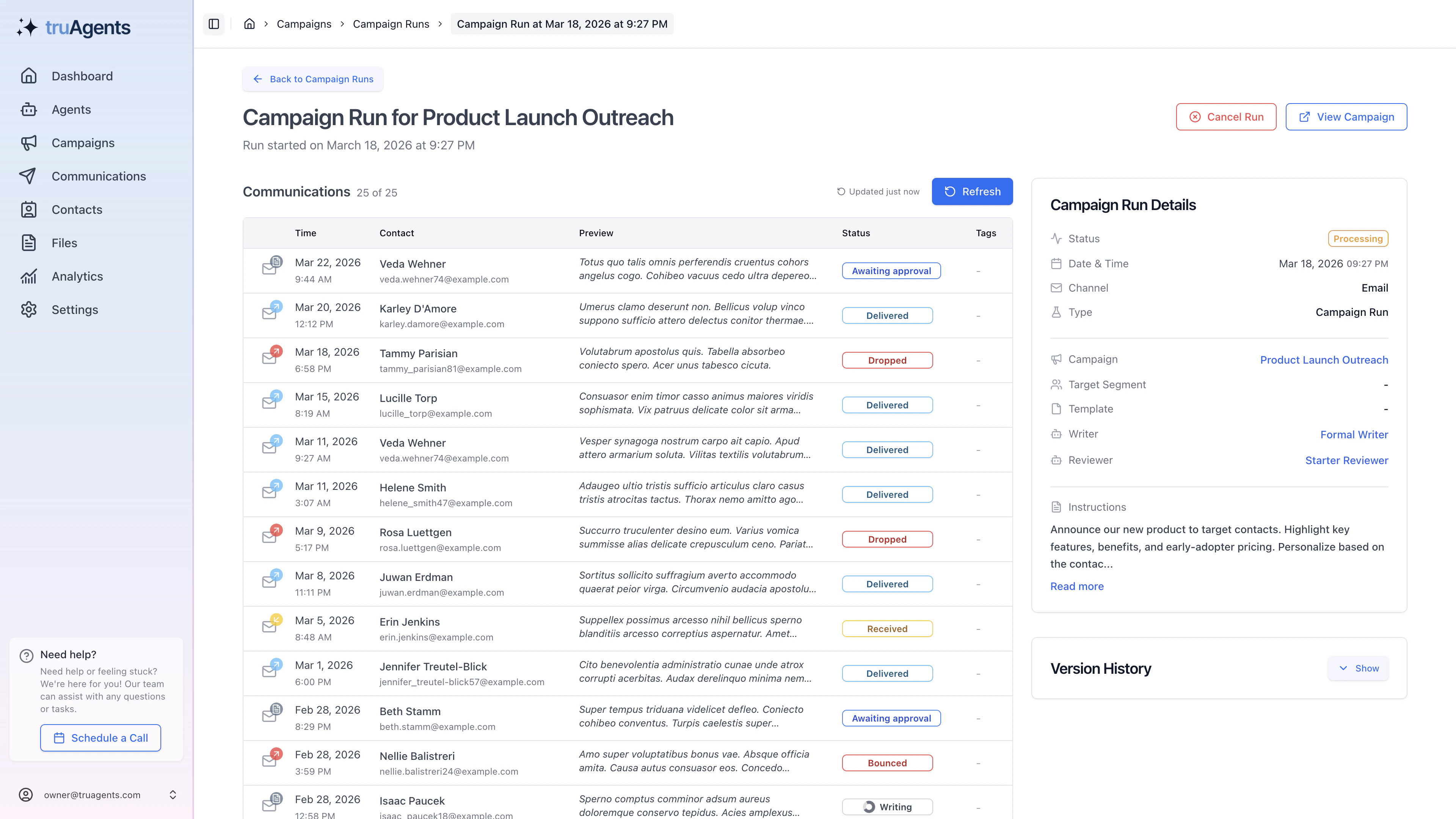 TruAgents campaign run detail page showing generated communications beside run metadata and instructions